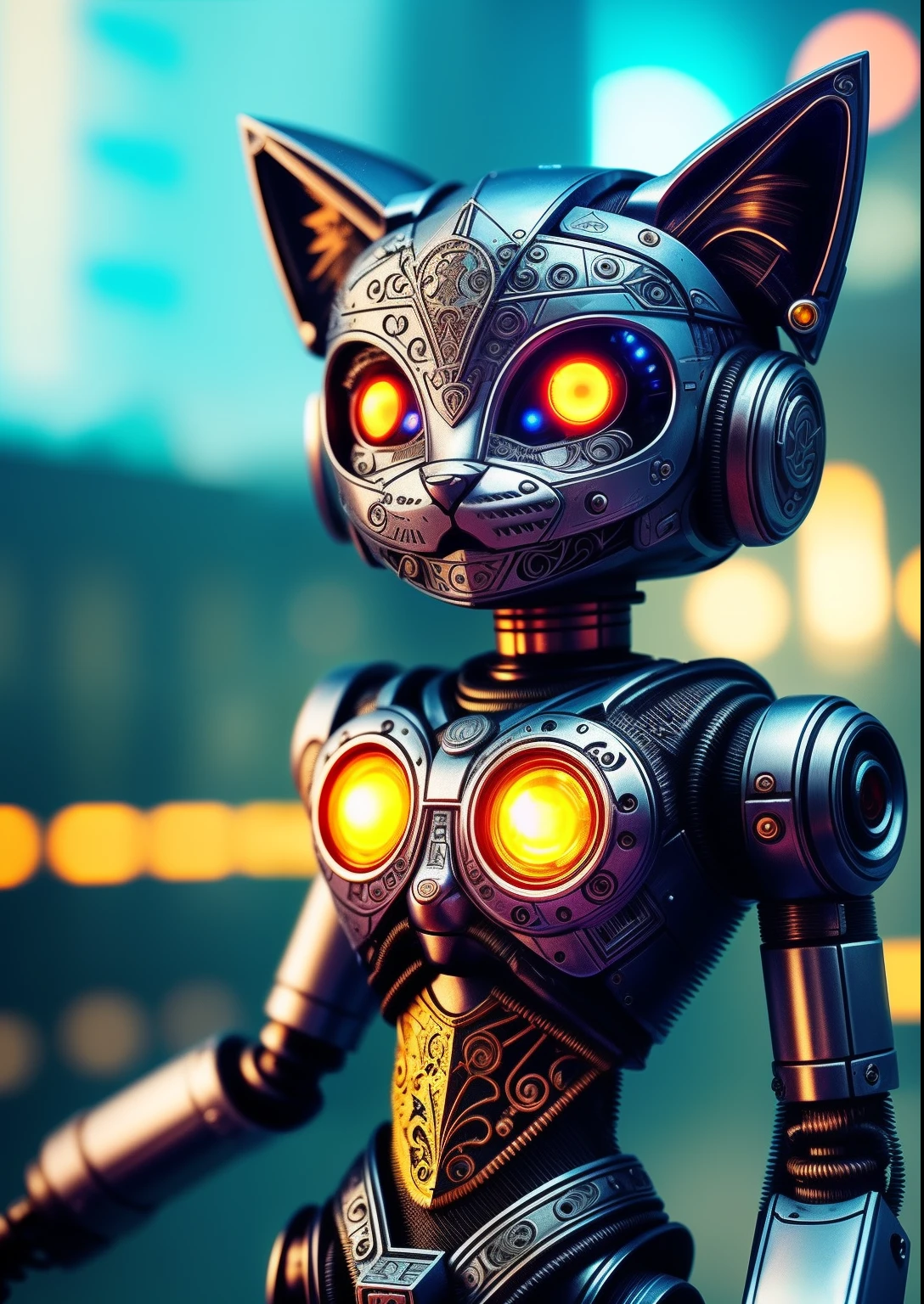 A cute kitten made of metal, robot, cyberpunk style, ((intricate details)), hdr, ((intricate details, super detailed)), cinematic footage, vignette