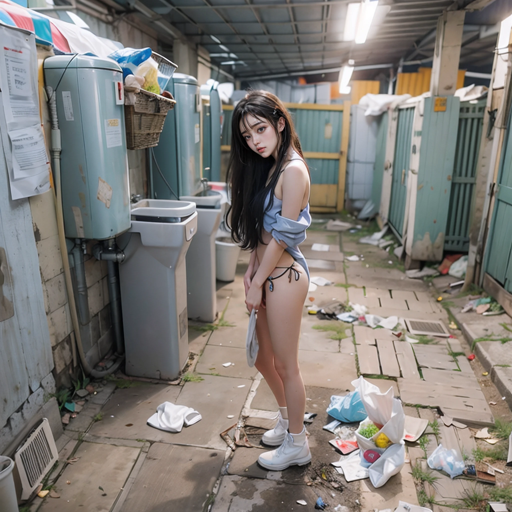 abandoned toilet,Garbage all over the ground,An 18-year-old South Korean girl is randomly naked,Very beautiful body,Slim legs,very beautiful long slim legs,exhibitionists,Random exposure of her genitals