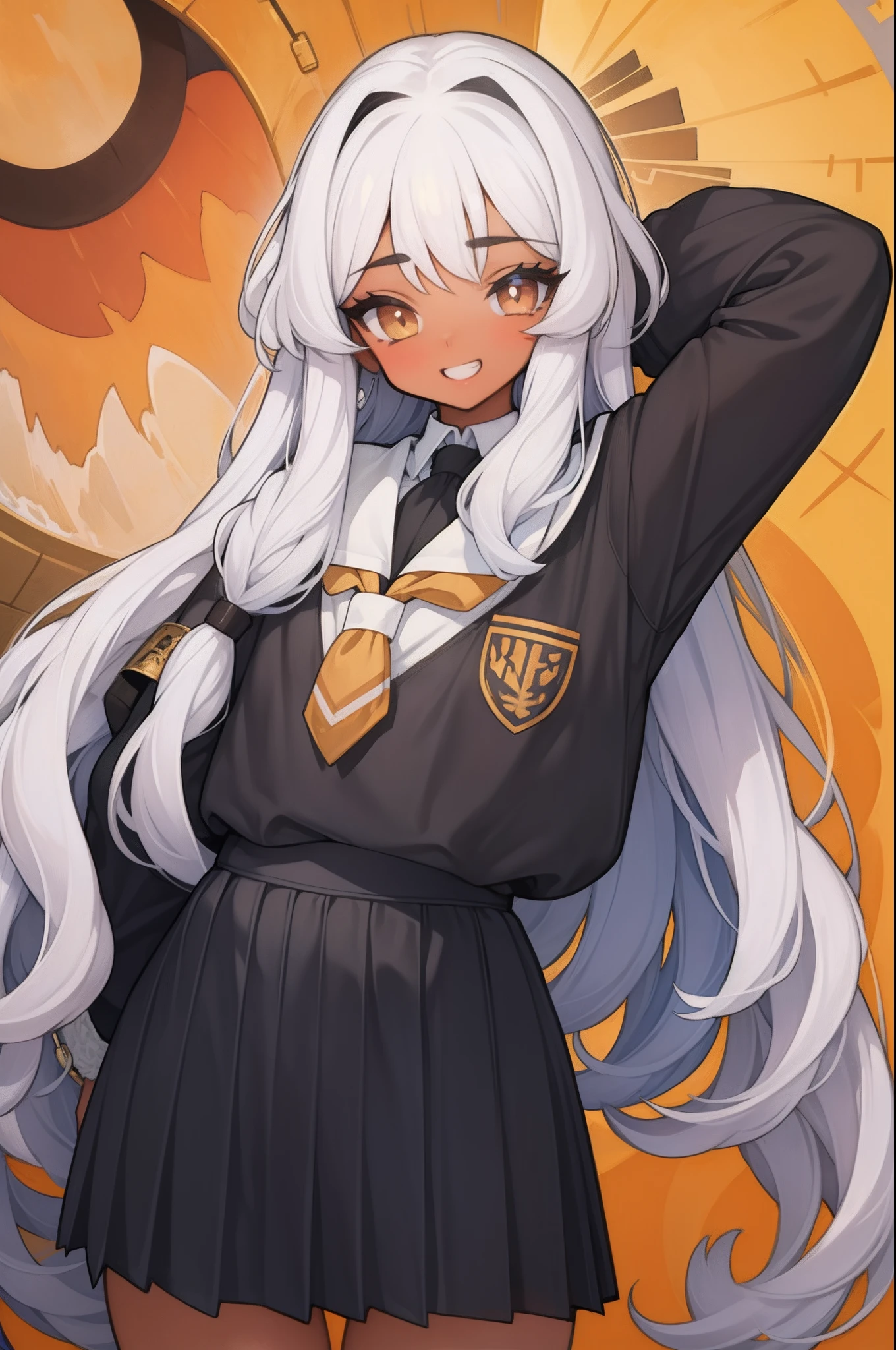 1 gal, brown skin、white hair、masterpiece, long curly hair, grin mouth, slanted eyes, school uniform, short skirt, white theme