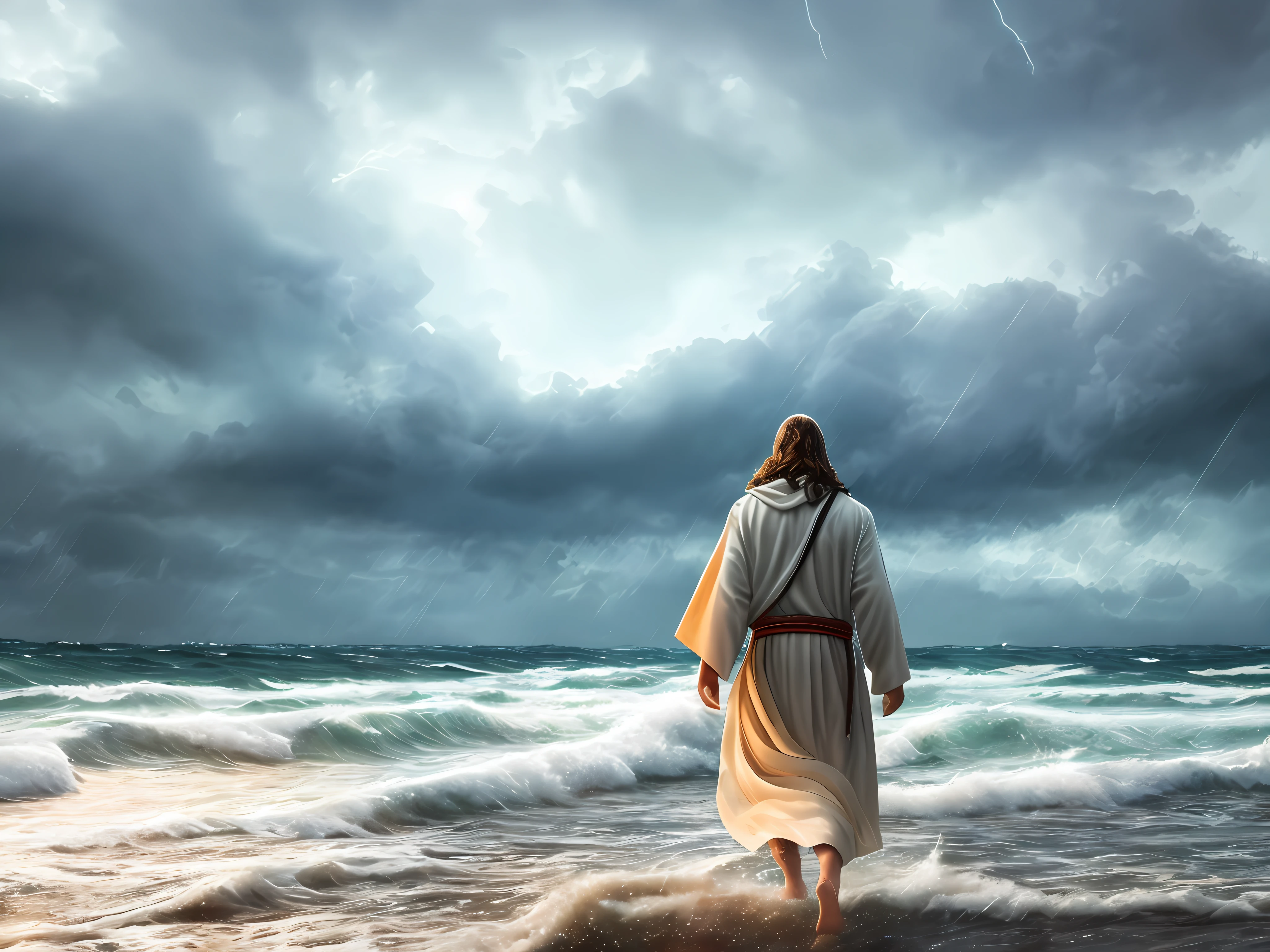 jesus walking on water in a storm, masterpiece, best quality, high quality, extremely detailed CG unit 8k wallpaper, award winning photography, Bokeh, Depth of Field, HDR, bloom, Chromatic aberration, photorealistic, extremely detailed, trending on artstation, trending on CGsociety, intricate, high detail, dramatic, mid-journey art, volumetric lighting