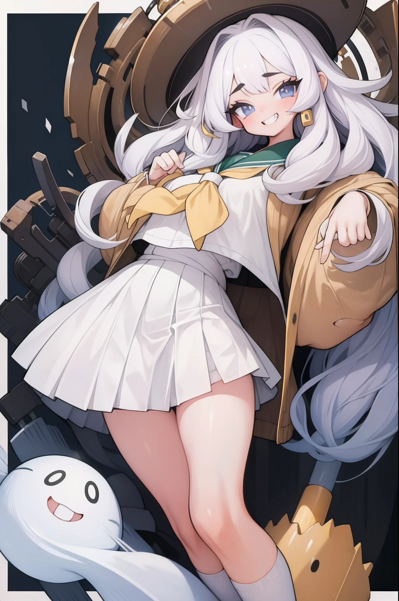 1 gal, brown skin、white hair、masterpiece, long curly hair, grin mouth, slanted eyes, school uniform, short skirt, white theme