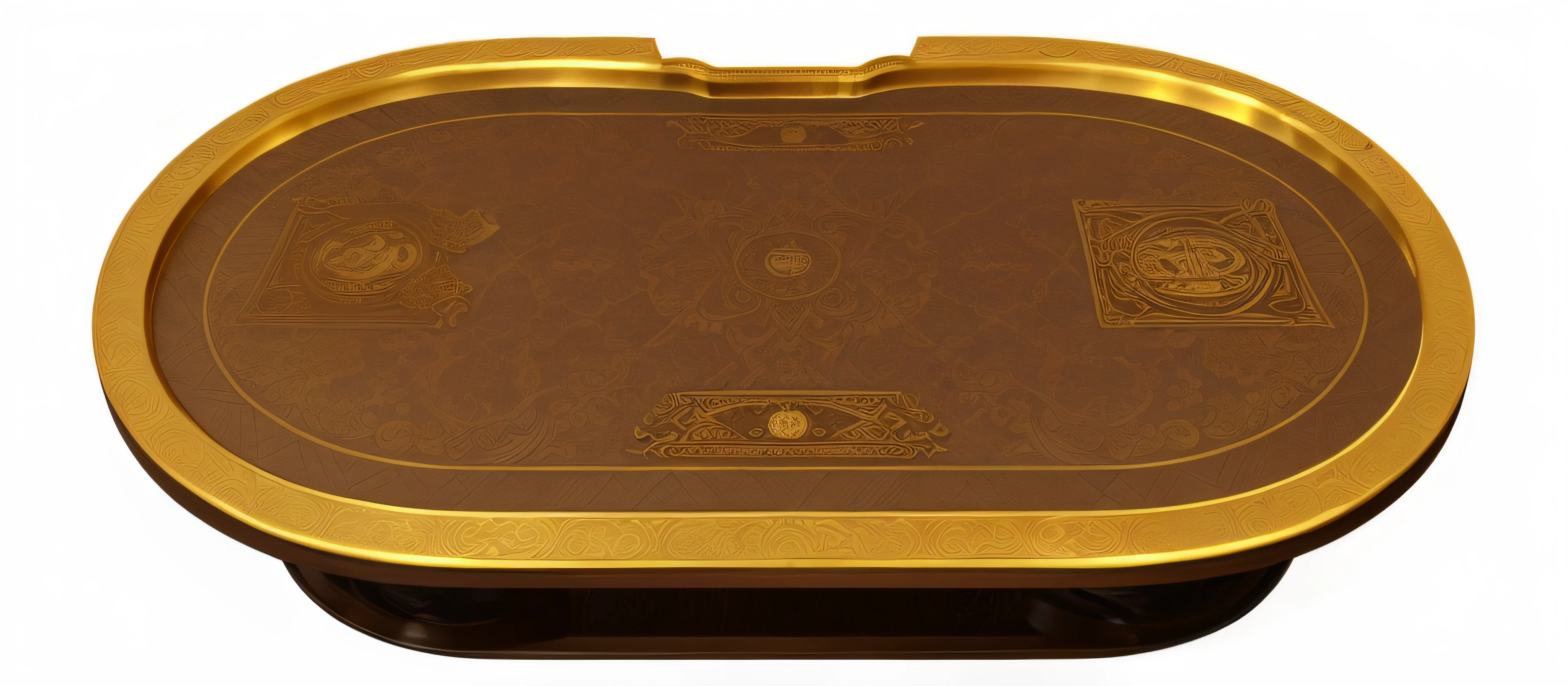 There is a gold tray,There is a design on it, detailed wooden table, ornate border + concept-art, playing card back, ornate turkic palace background, tabletop game board, tarot card background, highly detailed and ornated, game table, Highly detailed wide angle, very detailed and high quality, highly detailed design, Mysterious Highly detailed, card back template, Highly detailed illustration