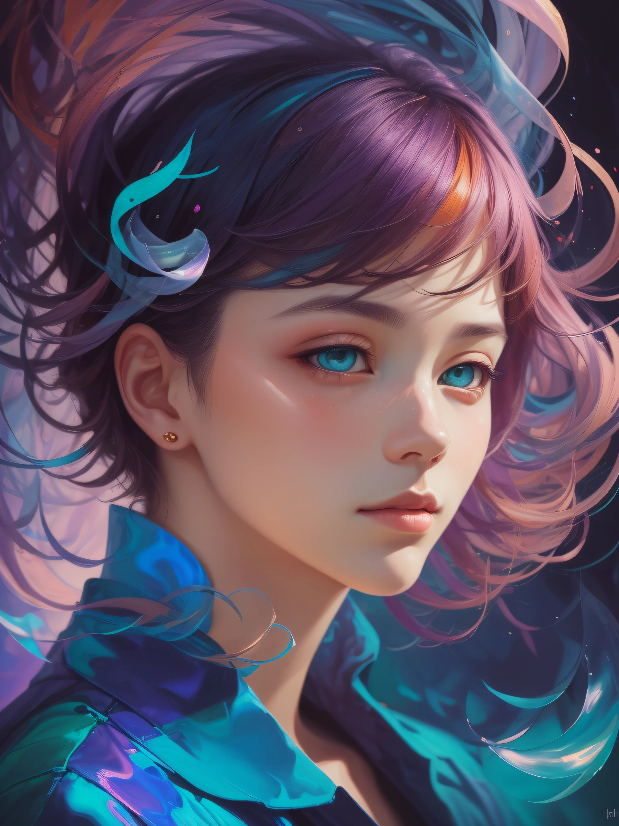 _james jean, floating male figure made of ribbons, smoke, in the sky, colorful and vibrant, mystical colors, contemporary impressionism, yanjun cheng portrait painting, iridescent painting, 3/4 perspective view, cute face, low angle, sweeping circling composition, large beautiful crystal eyes, big irises, UHD, HDR, 8K, (Masterpiece:1. 5), (the most beautiful portrait in the world:1.5)