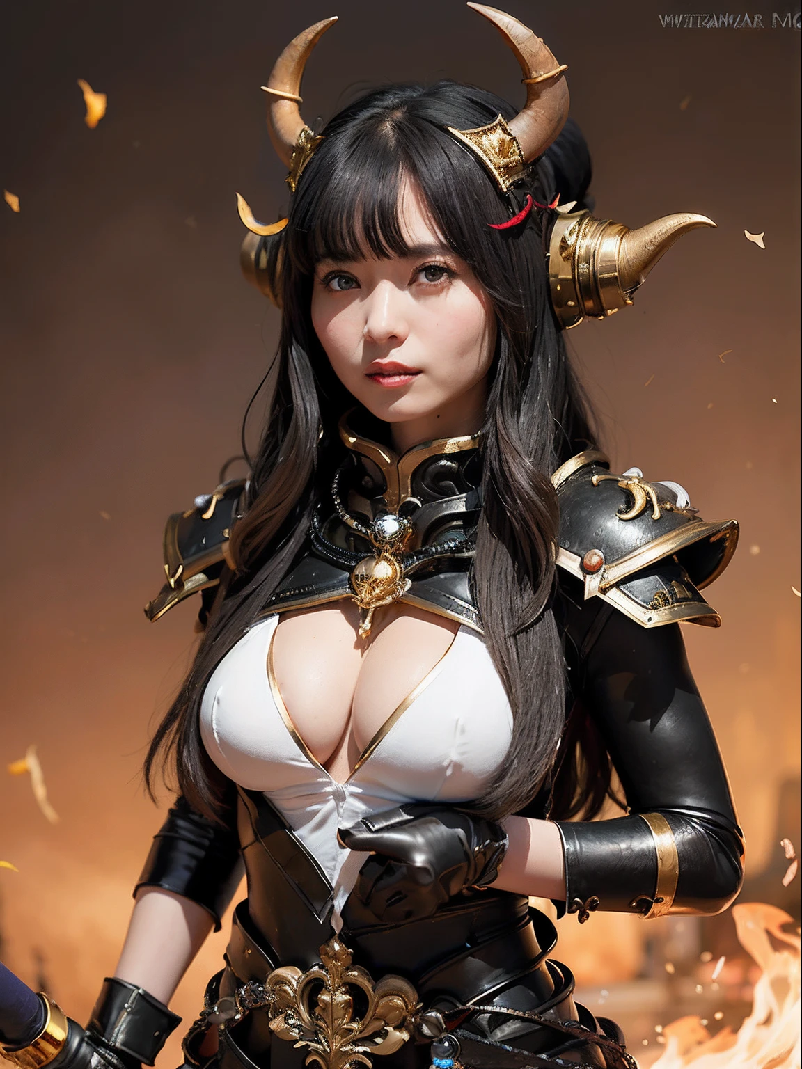 Professional , masterpiece、top-quality、photos realistic , depth of fields 、(A dark-haired) 、(Gemstone White Metal Body:1.9),(Matte Black、Jewel Gold Weapon(Jewel Metal Body:1.4),Gorgeous metal weapons ,Particles of light、(Black wings)、(( Detailed and gorgeous sword of the brave)) ,Light Effects、intense fighting、Wind-effect、magic circles、 (A dark-haired) ,warhammer 40k ,Detail and ornate jewel crown、With the legendary magic wand、Dragon's tail、explosions、((Micro Bikini Armor))、((Gangle's forest background))、Beautiful Caucasian beauty、1a person、dynamic ungle,(((Details of the two demon horns on the head)))、Smaller head、A smile、Background inside the castle、Thin and beautiful female hands、cleavage of the breast、Soldier in iron armor on background、Mystical expression、Light Effects、Wind-effect、With the legendary magic wand、(wingspan)、Toostock、Anatomically correct body、