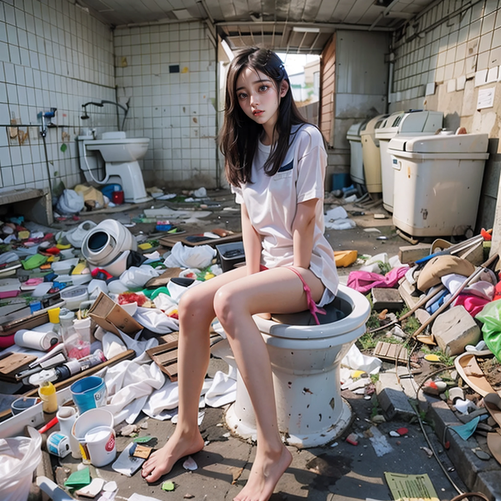 abandoned toilet,Garbage all over the ground,An 18-year-old South Korean girl is randomly naked,Very beautiful body,Slim legs,very beautiful long slim legs,exhibitionists,Random exposure of her genitals