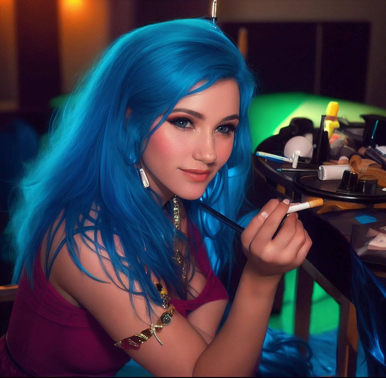 there is a woman sitting at a table with a cigarette in her hand, blue hair, profile image, profile shot, glamour shot, with cigar, taken in the late 2000s, inspired by Nan Goldin, taken in the mid 2000s, 40 years old women, putting makeup on, looking partly to the left, profile pic, award winning seductive
