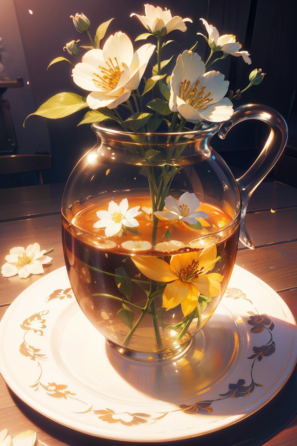 On the table was a glass full of tea and flowers, Beautiful digital artwork, Very realistic, Cute detailed digital art, beautiful art, Beautiful artwork, CGSesociety, beautiful digital art, overdetailed art, amazing wallpapers, high detal, 8K high quality detailed art, golden flowers, Beautiful wallpaper, sparkling petals, Detailed art, gorgeous digital art, Magical flowers
