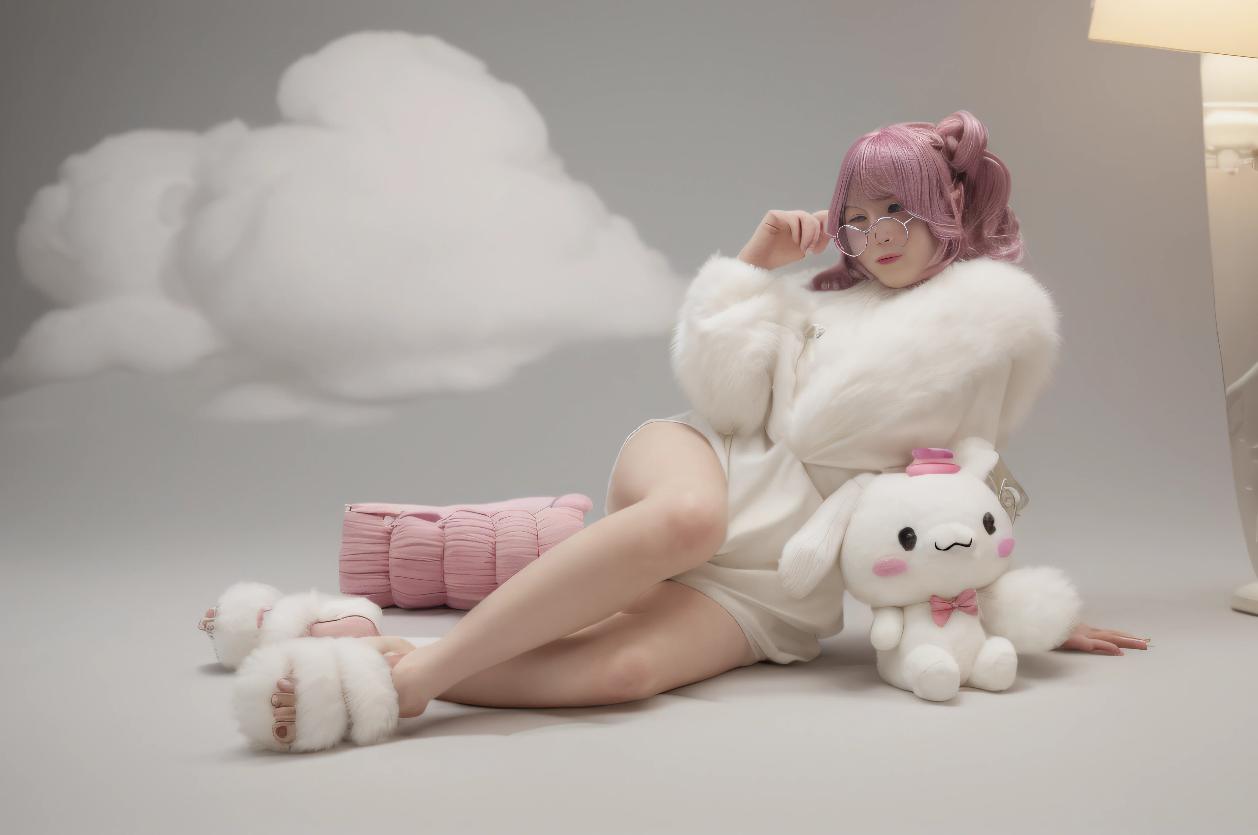 there is a woman sitting on the floor with a stuffed animal, ayaka cosplay, cosplay photo, taken with canon 8 0 d, taken with canon eos 5 d mark iv, plushie photography, with white fluffy fur, anime girl cosplay, taken with canon eos 5 d, twintails white_gloves, sitting in a fluffy cloud, captured on canon eos r 6