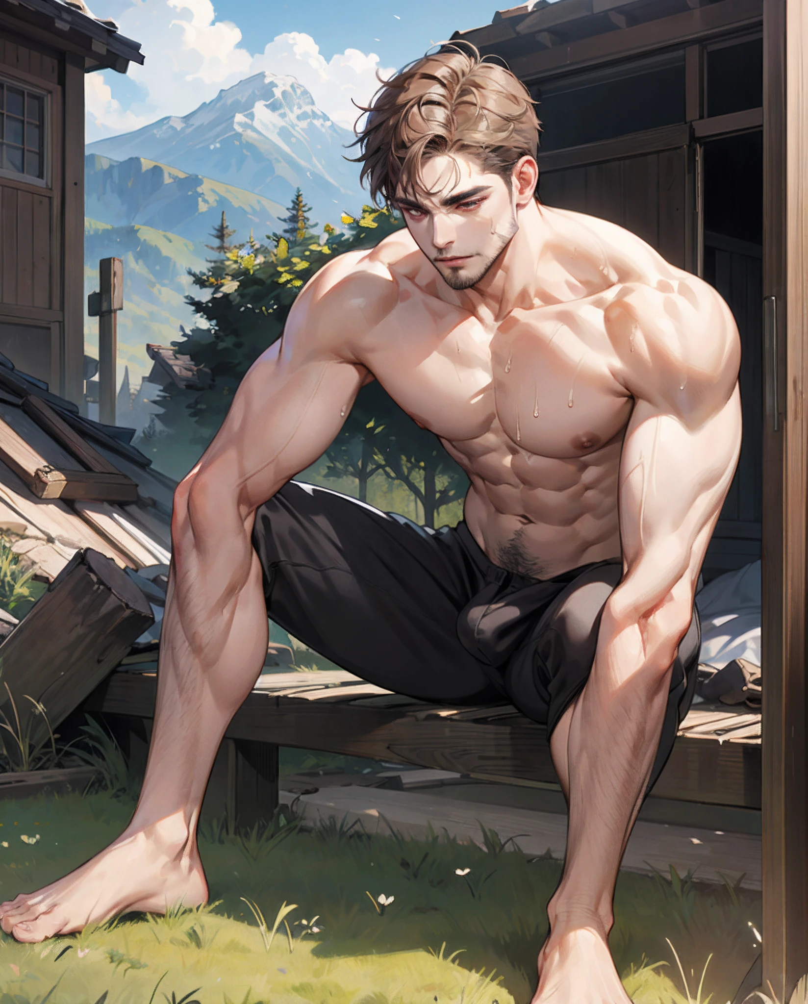 Uncle redhead standing next to the dilapidated house,37-year-old man,Robust body,Large muscles,Huge pectoral muscles,Oily skin reflexes,sweat leggs,dark-brown skin,(Swarthy thighs),Spread your legs,Confident expression,Keep your eyes open,Rough face,Beard,white mustache,messy hair,red short,white legwear,without wearing shoes,(((Crotch bulge))),Shirtless,独奏,malefocus,A man,fully body photo,(Rundown house background),Grass grows everywhere,There are mountain peaks in the distance,best qualtiy,best qualtiy,tmasterpiece,超A high resolution,Realisticstyle,(realisticlying:1.4),详细的脸,detailed skin textures,Detailed eyelid details,独奏,malefocus,the Extremely Detailed CG Unity 8K Wallpapers,