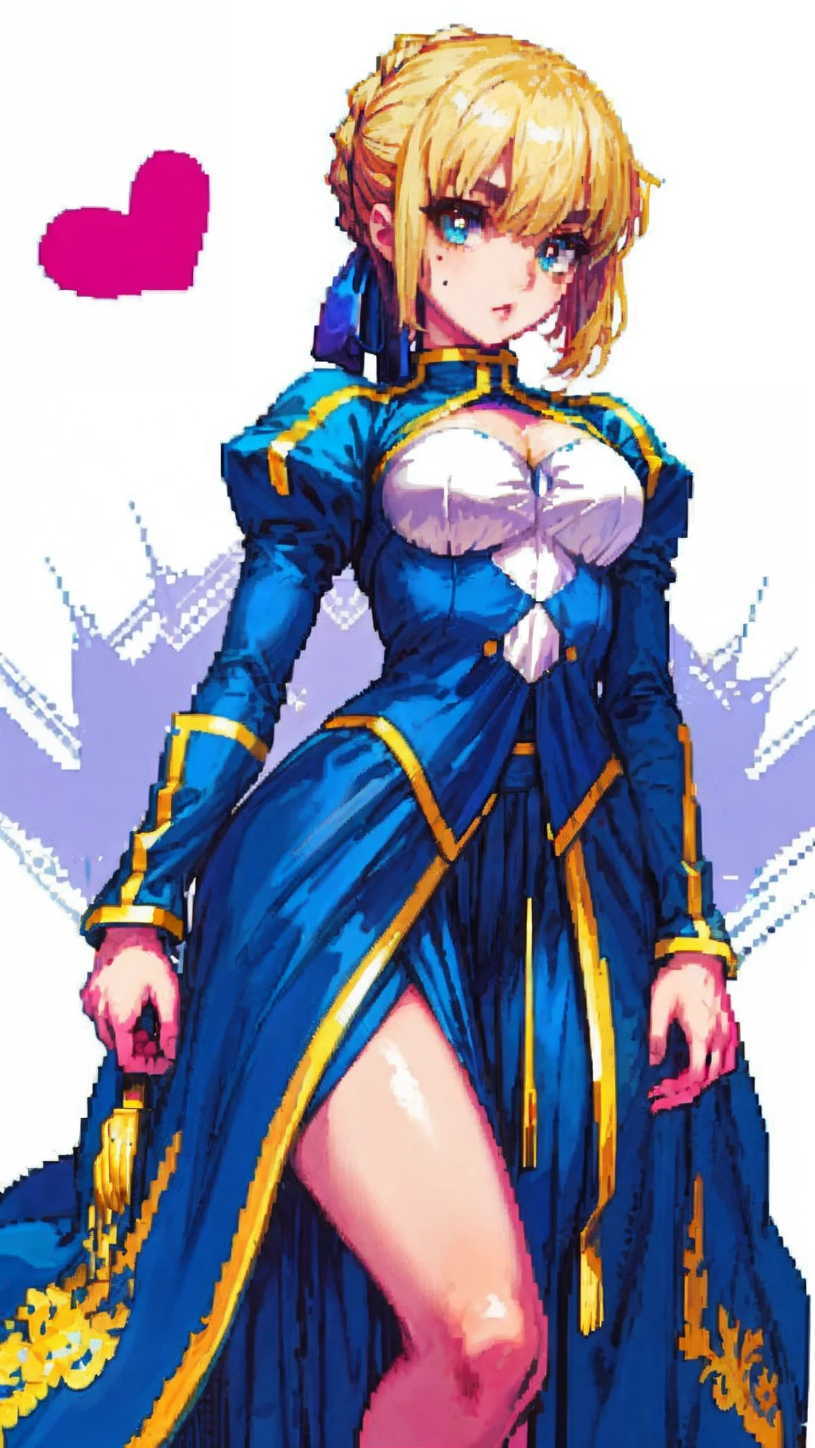 saber,Plain white background,Armor,long skirt,High detail,Moles under eyes, Heart-shaped pupils,Love pupils,Fleshy thighs,highly rendered,detailed face with