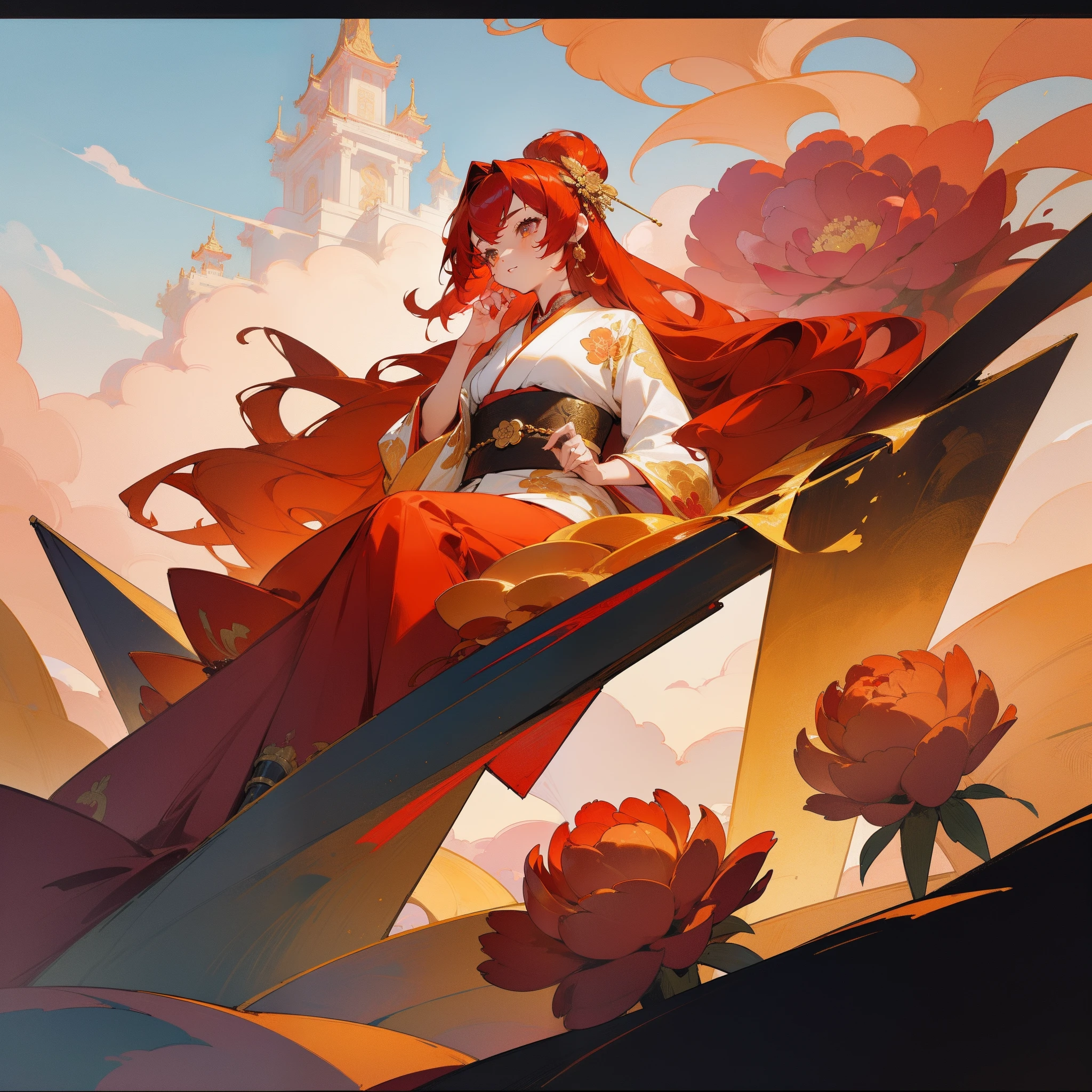 (Beautifully Aesthetic:1.2)、(1girl in:1.3)、(Red and gold colorful hair:1.2)、Red and gold kimono、Peonies、peony flower、sacredness、Top image quality、Landscape painting、God of Flowers、a throne、The king、