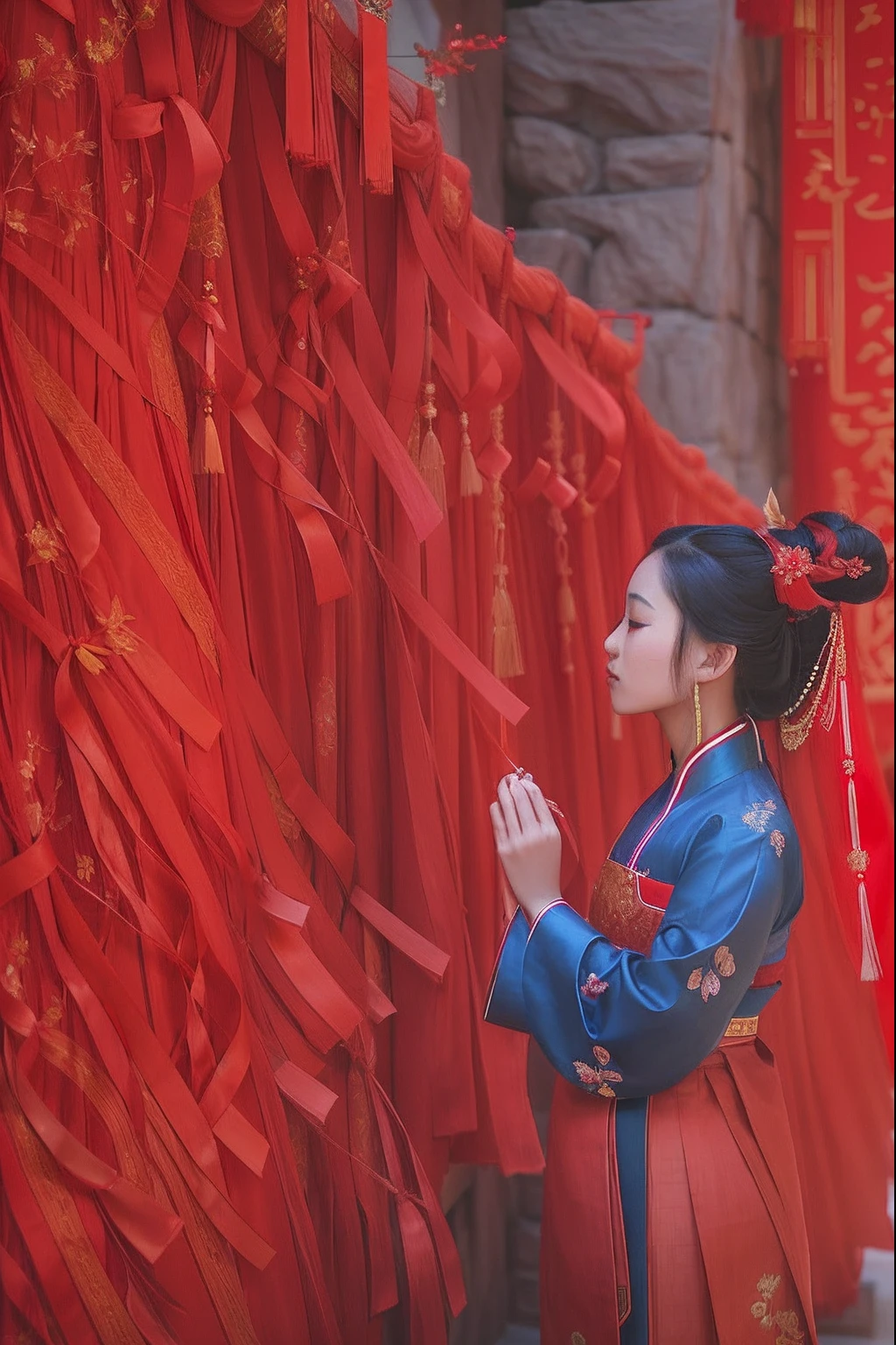 Arakfi woman in red dress standing in front of a red ribbon wall, Palace , A girl in Hanfu, Wearing ancient Chinese clothes, Hanfu, with acient chinese clothes, Traditional Chinese clothing, Chinese costume, Wearing a red cheongsam, China Princess, Chinese woman, wearing red attire, Chinese girl, Chinese dress, Chinese tradition