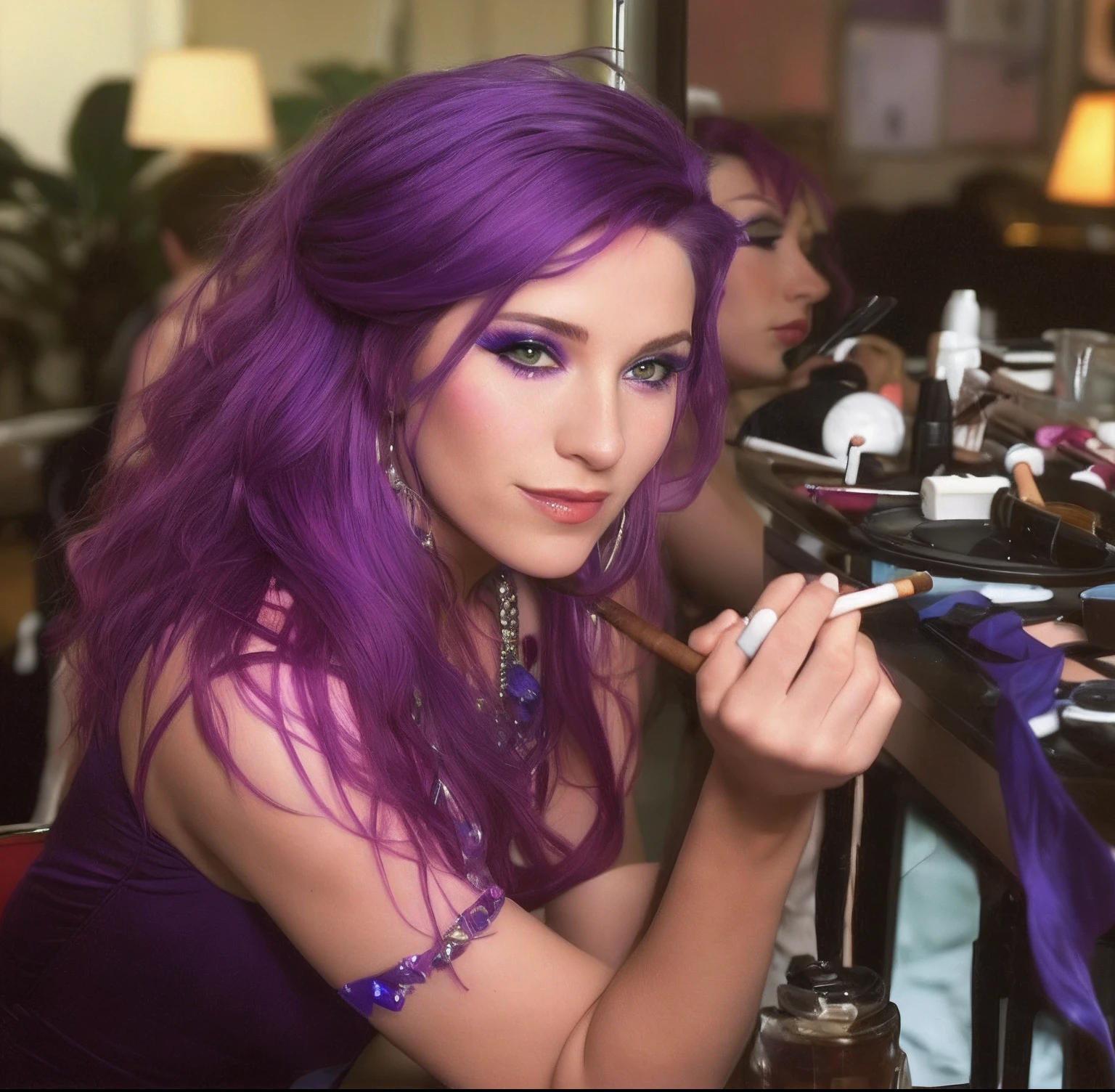 there is a woman sitting at a table with a cigarette in her hand, purple hair, profile image, profile shot, glamour shot, with cigar, taken in the late 2000s, inspired by Nan Goldin, taken in the mid 2000s, 40 years old women, putting makeup on, looking partly to the left, profile pic, award winning seductive