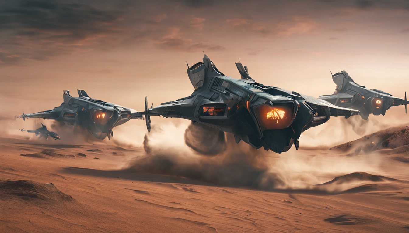 A group of human fighters launches a final attack on alien warships over the desert