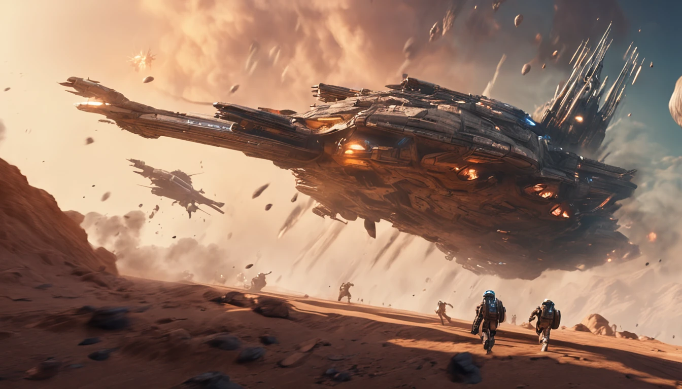 A group of human fighters launches a final attack on alien warships over the desert