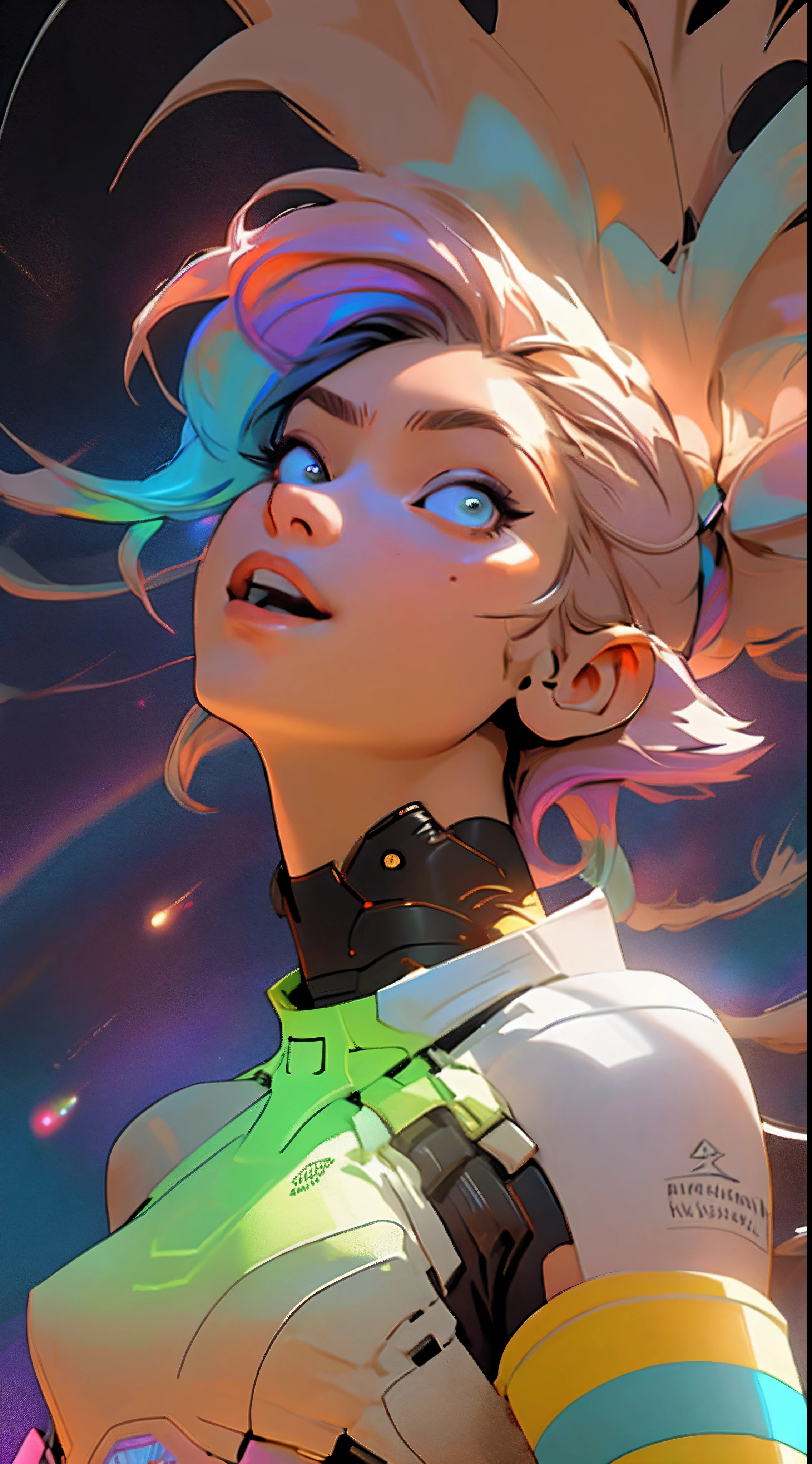 8k quality, ultra detailed, galaxy background effects, 1girl looking up, rainbow color hair