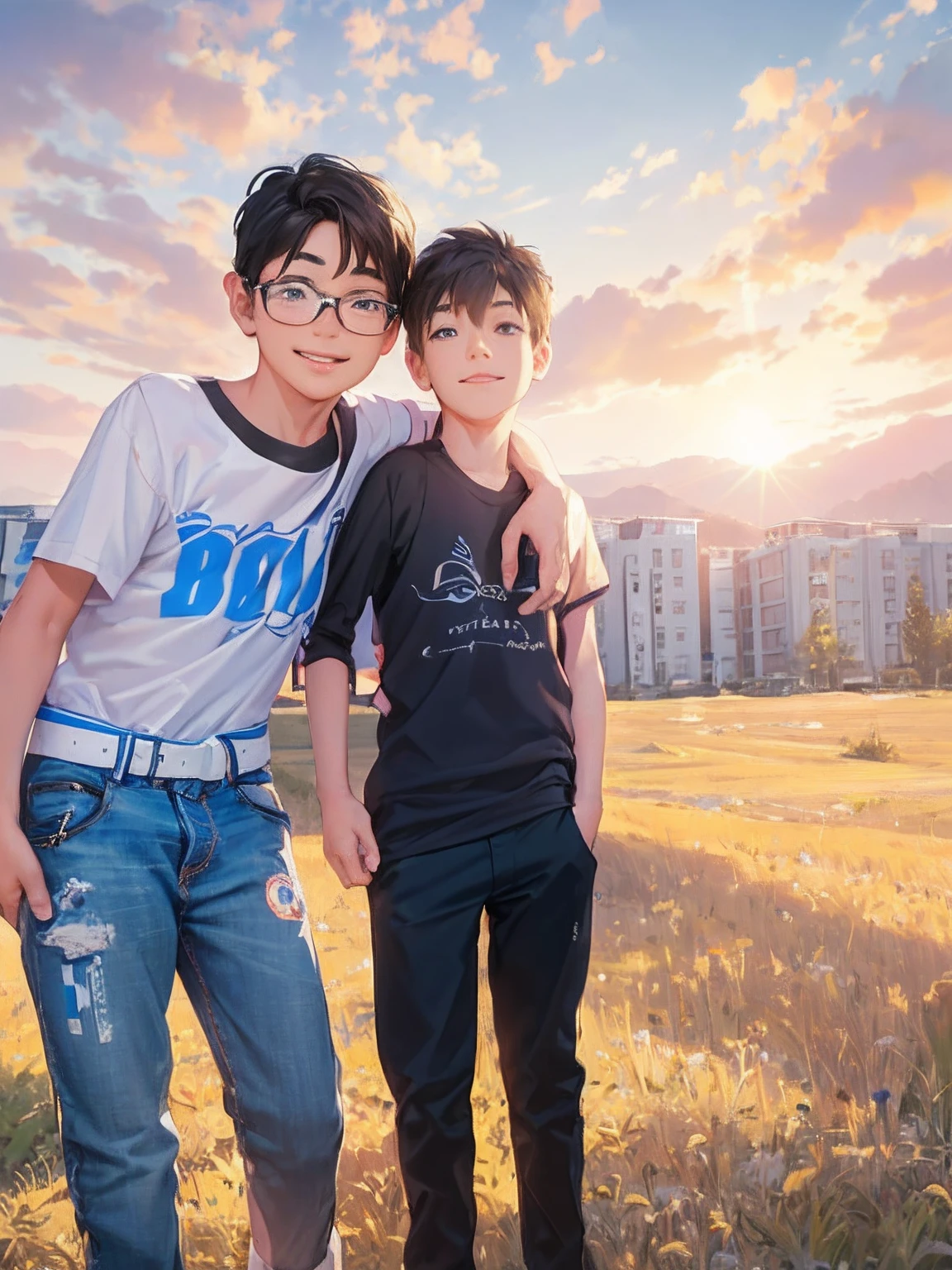 there are two boys standing in a field with a soccer ball, taken with sony alpha 9, cute boys, photo taken with sony a7r camera, photo taken with sony a7r, taken with sony a7r camera, taken with the best dlsr camera, casual photography, taken with a canon dslr camera, photo taken with canon 5d, portrait mode photo