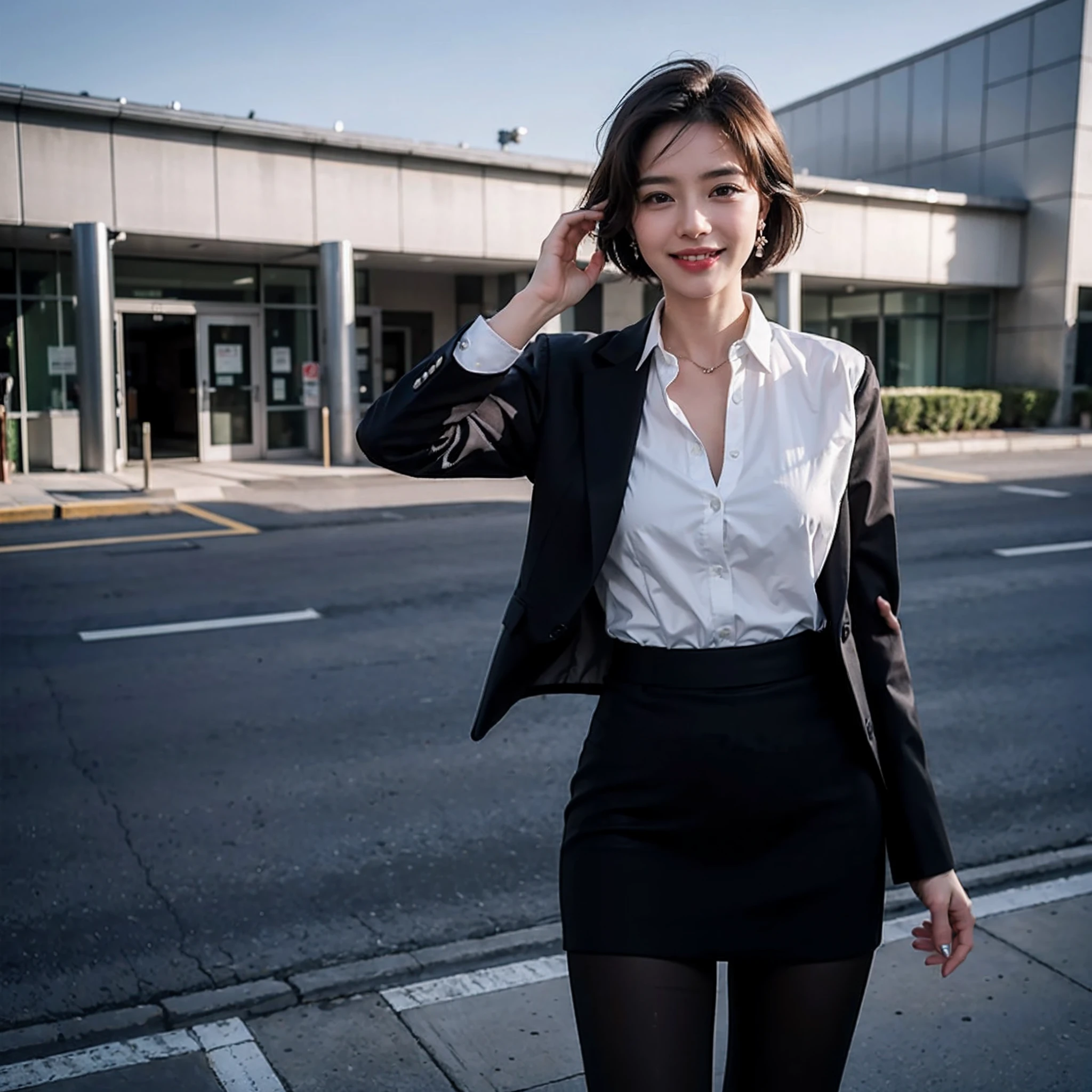 (8k, best quality, masterpiece:1.2),
(realistic, photo-realistic:1.37),
ultra-detailed,
1 girl, full body, outdoors, (adjusting hair:1.5)
office lady, black officeblazer, officeskirt, (pantyhose:1.2), (short buttoneddownshirt:1.2), buttonedupcollarprim, buttoneddowncollarprim, bra, (pantyhose:1.2), alphalayers, highheels,
beautiful earrings,
cute,
solo,
beautiful detailed sky,
(smile:1.15),
(closed mouth),
small breasts,
beautiful detailed eyes,
business attire,
(short hair:1.2),
floating hair NovaFrogStyle,
