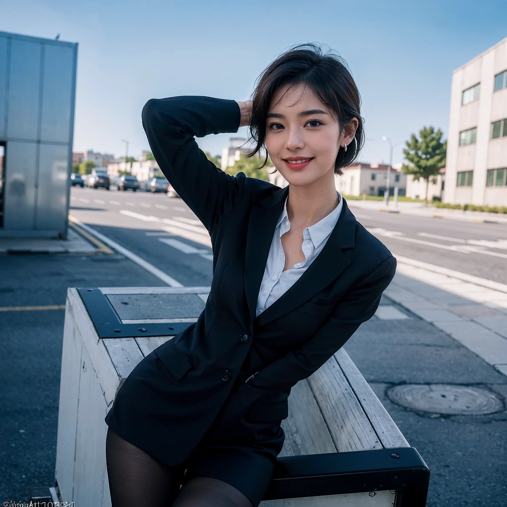 (8k, best quality, masterpiece:1.2),
(realistic, photo-realistic:1.37),
ultra-detailed,
1 girl, full body, outdoors, (adjusting hair:1.5)
office lady, black officeblazer, officeskirt, (pantyhose:1.2), (short buttoneddownshirt:1.2), buttonedupcollarprim, buttoneddowncollarprim, bra, (pantyhose:1.2), alphalayers, highheels,
beautiful earrings,
cute,
solo,
beautiful detailed sky,
(smile:1.15),
(closed mouth),
small breasts,
beautiful detailed eyes,
business attire,
(short hair:1.2),
floating hair NovaFrogStyle,