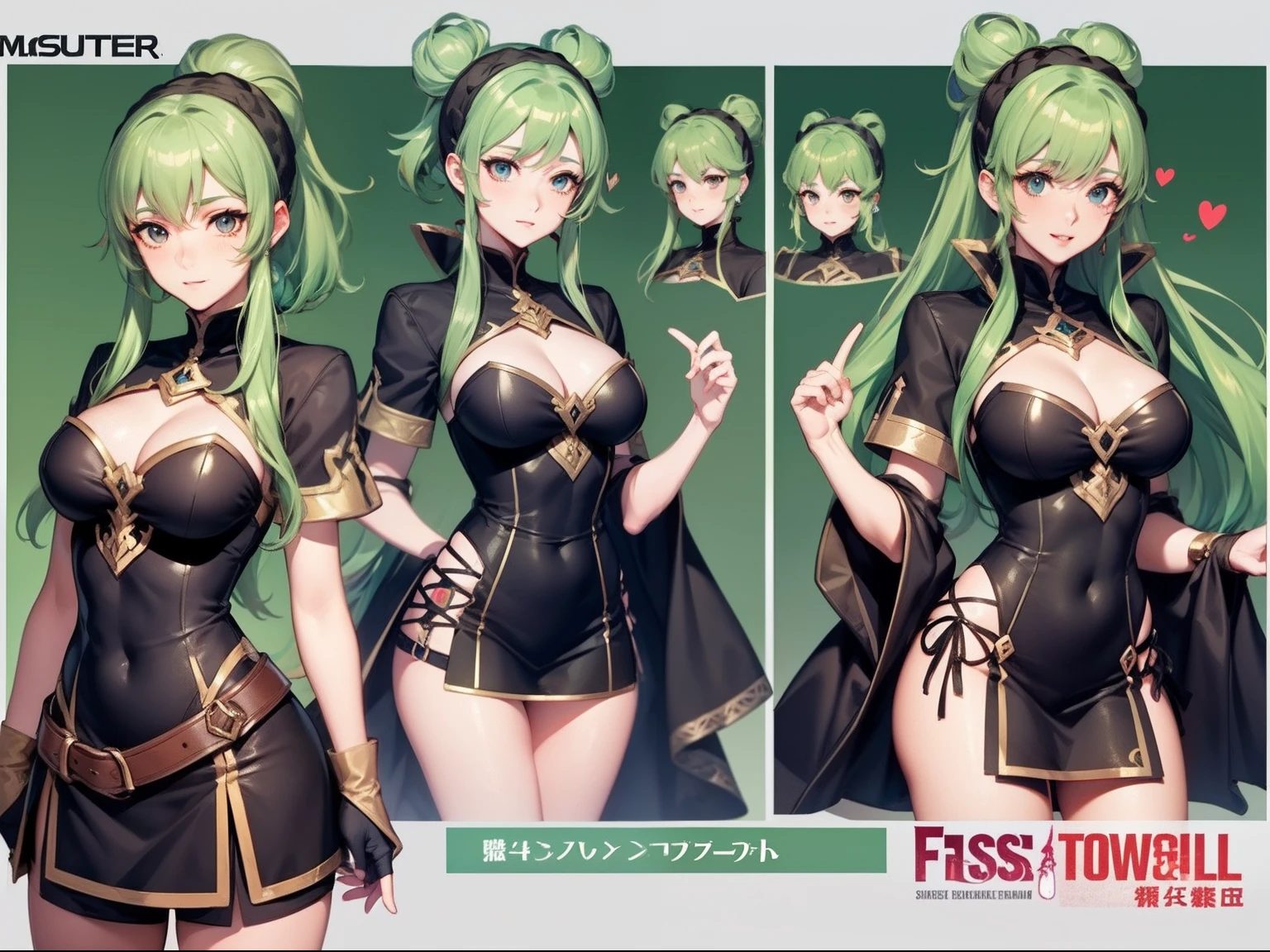 Character Sheet, full bodyesbian, Fire Emblem, green colored hair, frombelow, anime styled, 4K, masuter piece, hightquality