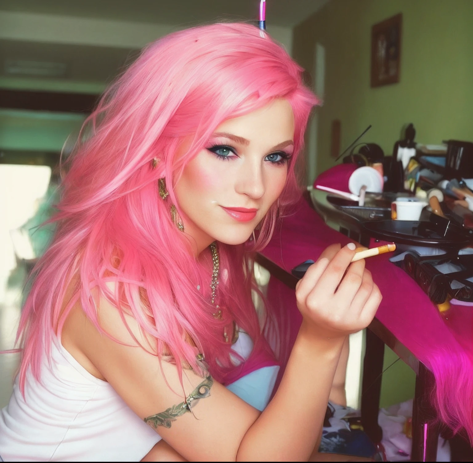 there is a woman sitting at a table with a cigarette in her hand, pink hair, profile image, profile shot, glamour shot, with cigar, taken in the late 2000s, inspired by Nan Goldin, taken in the mid 2000s, 40 years old women, putting makeup on, looking partly to the left, profile pic, award winning seductive