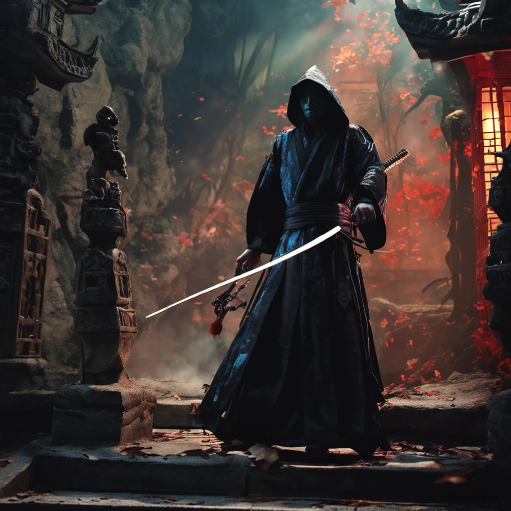 Best quality, Masterpiece, 超高分辨率, (photograph realistic:1.4), surrealism, Dream-like,fusionart, Shadowdancer, shadow magic, darkness control, stealth, shadowstep, umbral spells, hidden blade, Samurai vampire, human