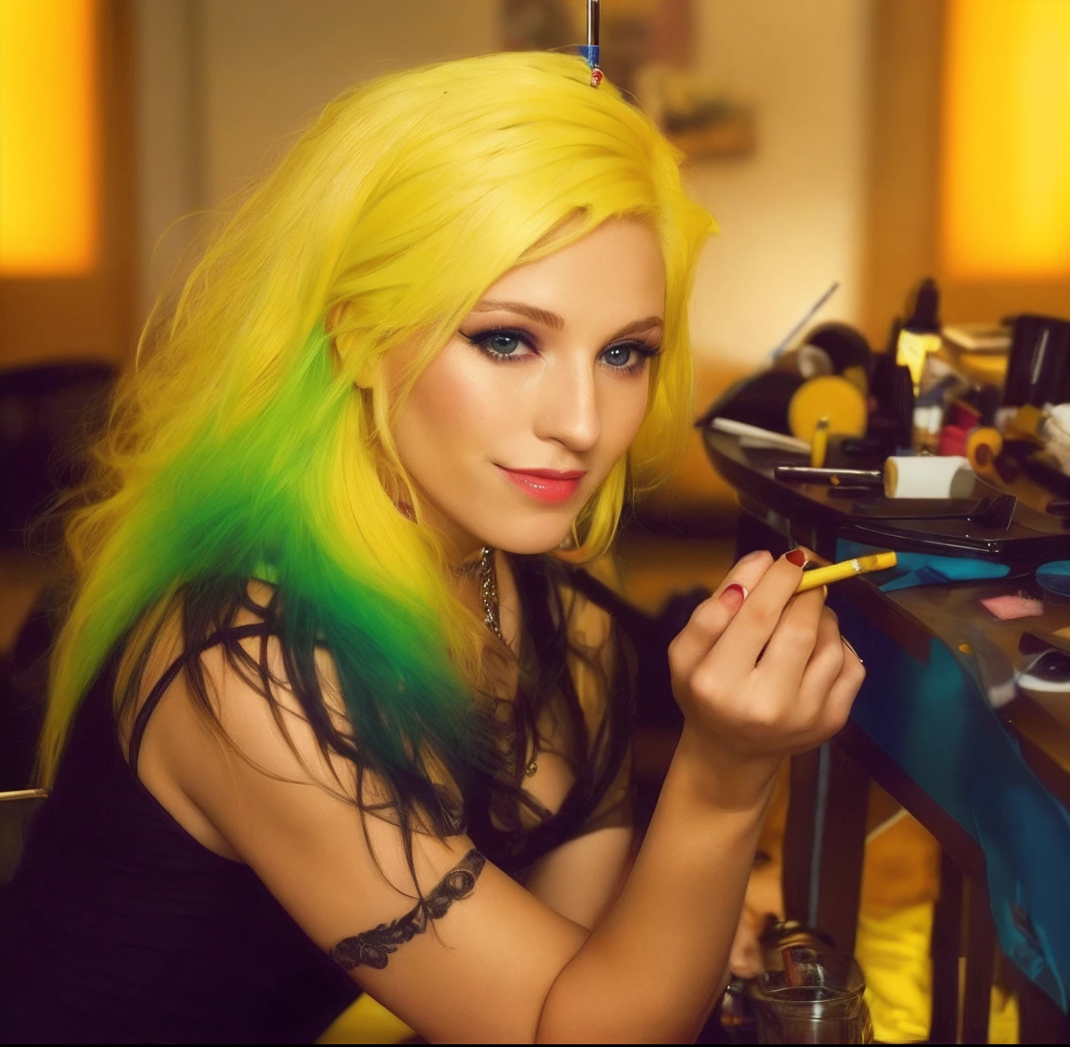 there is a woman sitting at a table with a cigarette in her hand, yellow hair, profile image, profile shot, glamour shot, with cigar, taken in the late 2000s, inspired by Nan Goldin, taken in the mid 2000s, 40 years old women, putting makeup on, looking partly to the left, profile pic, award winning seductive