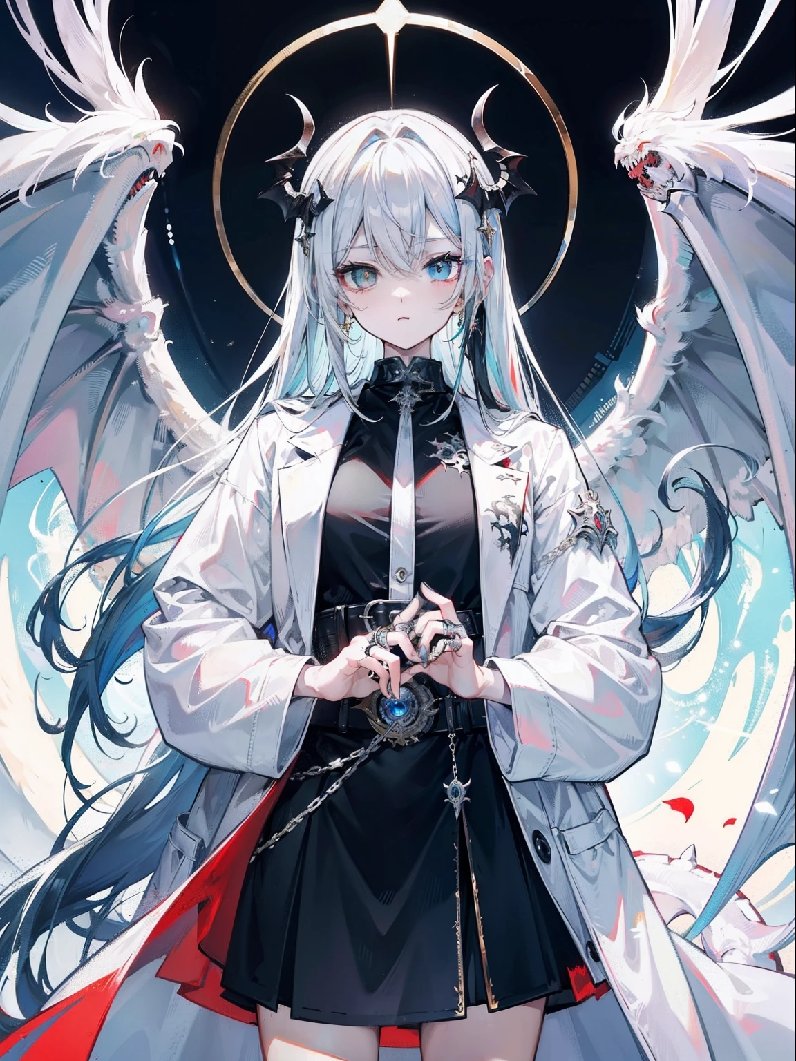 Looks holy monster angel,His eyes were waiting for heterochromia,His entire body consists of a huge one-eyed eye,There is a metal ring around one eye,The ring crawls with the eyeball,Dragons have many wings on the white holy angel,Machine gun in both hands。