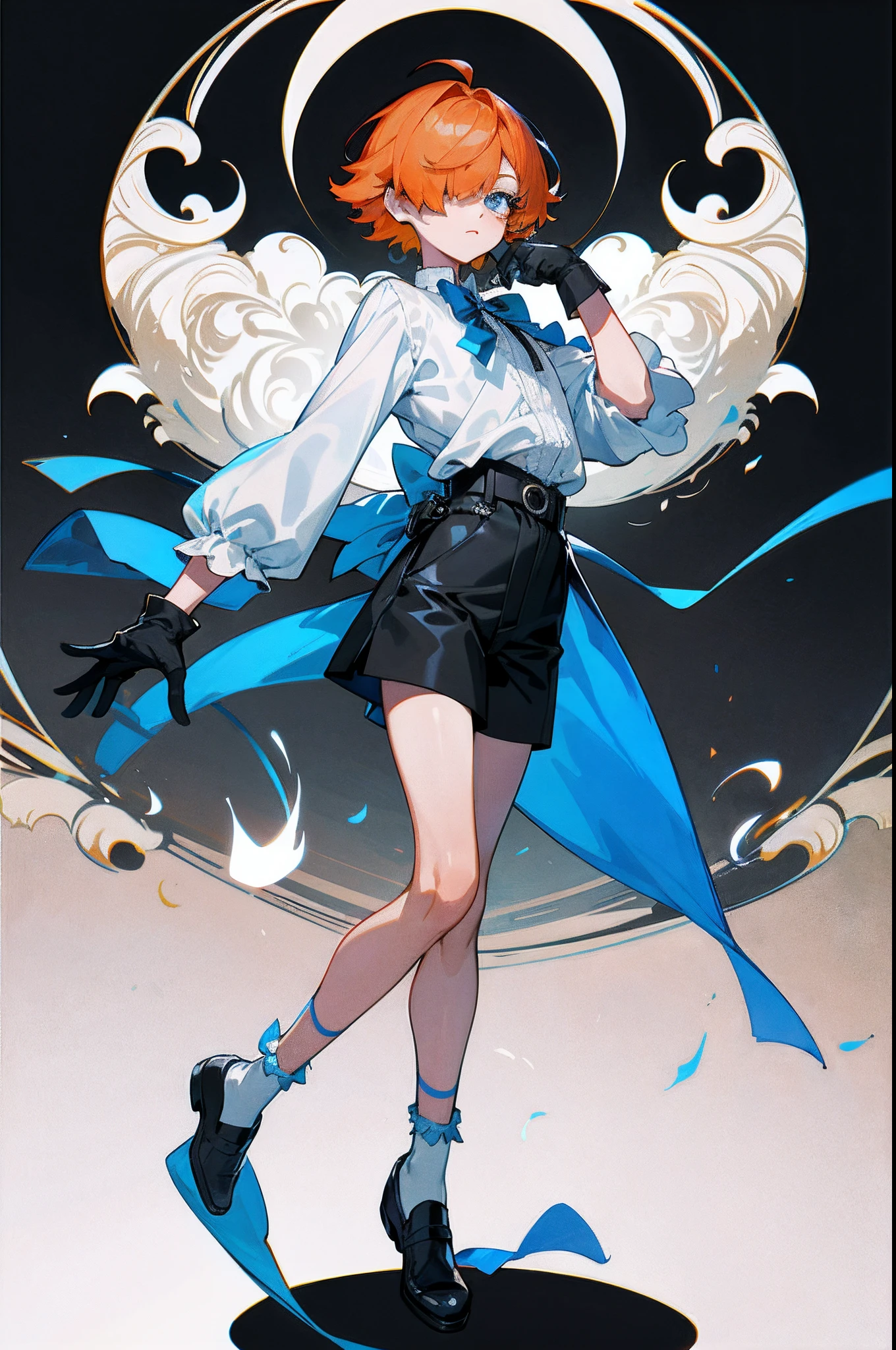 A ager,orange short hair,blue color eyes,Bangs cover one eye,Wear a white shirt,The cuffs have long lace trims,blue bowtie,Blue ribbon,longer sleeves,Wearing black shorts,show legs,Wear white socks and leather shoes,wearing satchel,He wears black half-palm gloves on his hands,modern day,full bodyesbian