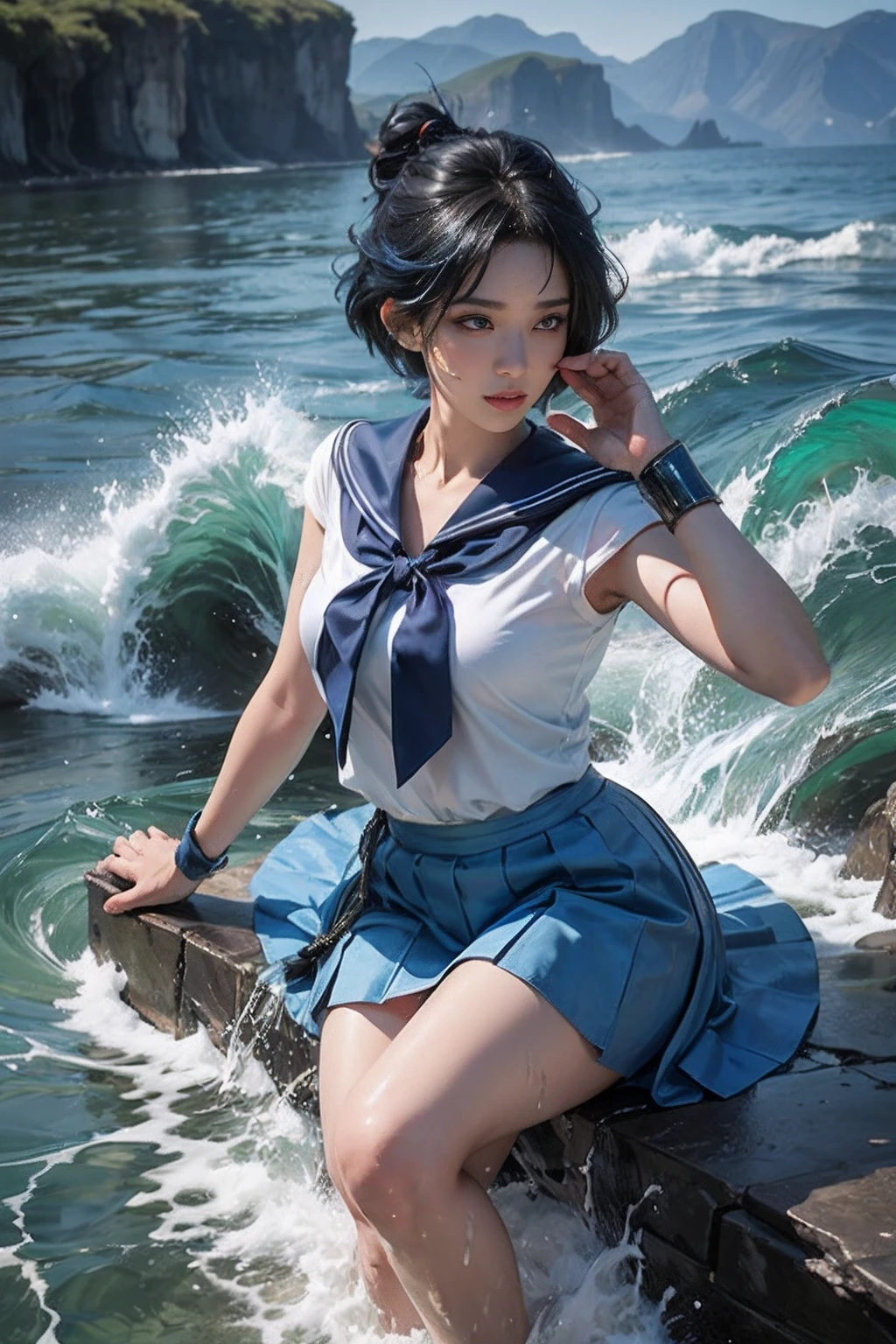 (masterpiece), (best quality), 8k resolution, 1girl, beautiful girl, stunning beauty, mature female, 30yo, sexy, sailor mercury, Ami Mizuno, blue hair, blue skirt, blue collar, sailor mercury costume, cool pose, yushui, water, wave, using dark majic, water balls, water majic