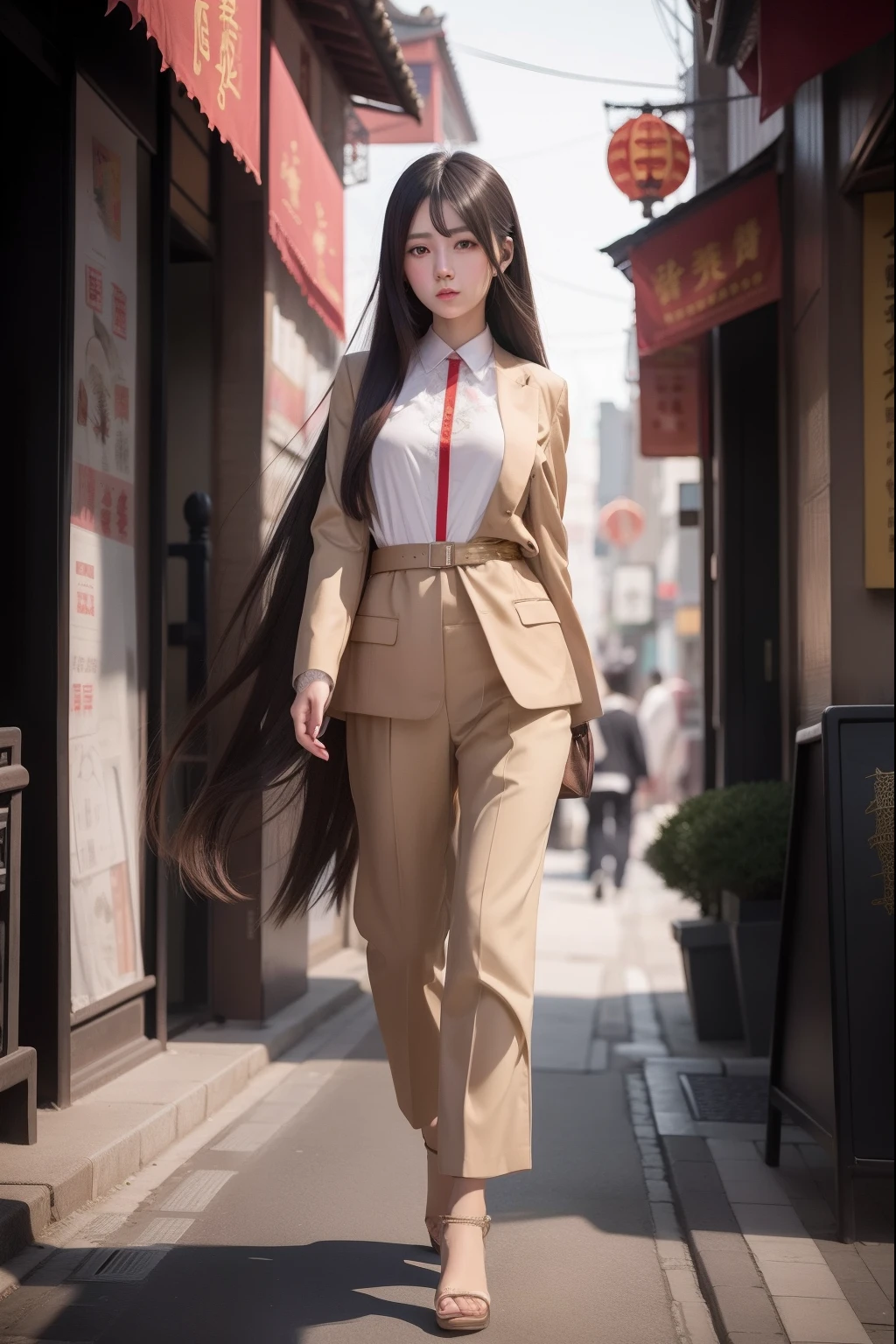 Chinese woman walking down street in tan suit, With long hair, Realistic art style, ChineseGirl，dressed with long fluent clothes, Guviz-style artwork, style of surrealism, ulzzangs, ilya kuvshinov with long hair, Beautiful young Chinese woman