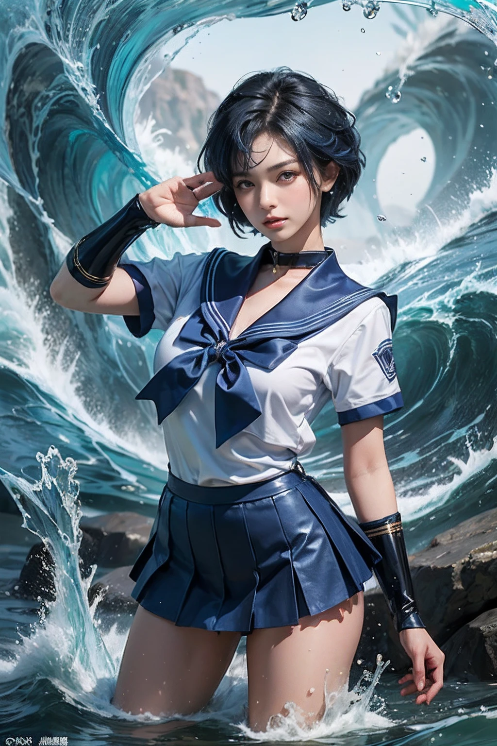 (masterpiece), (best quality), 8k resolution, 1girl, beautiful girl, stunning beauty, mature female, 30yo, sexy, sailor mercury, Ami Mizuno, blue hair, blue skirt, blue collar, sailor mercury costume, cool pose, yushui, water, wave, using dark majic, water balls, water majic