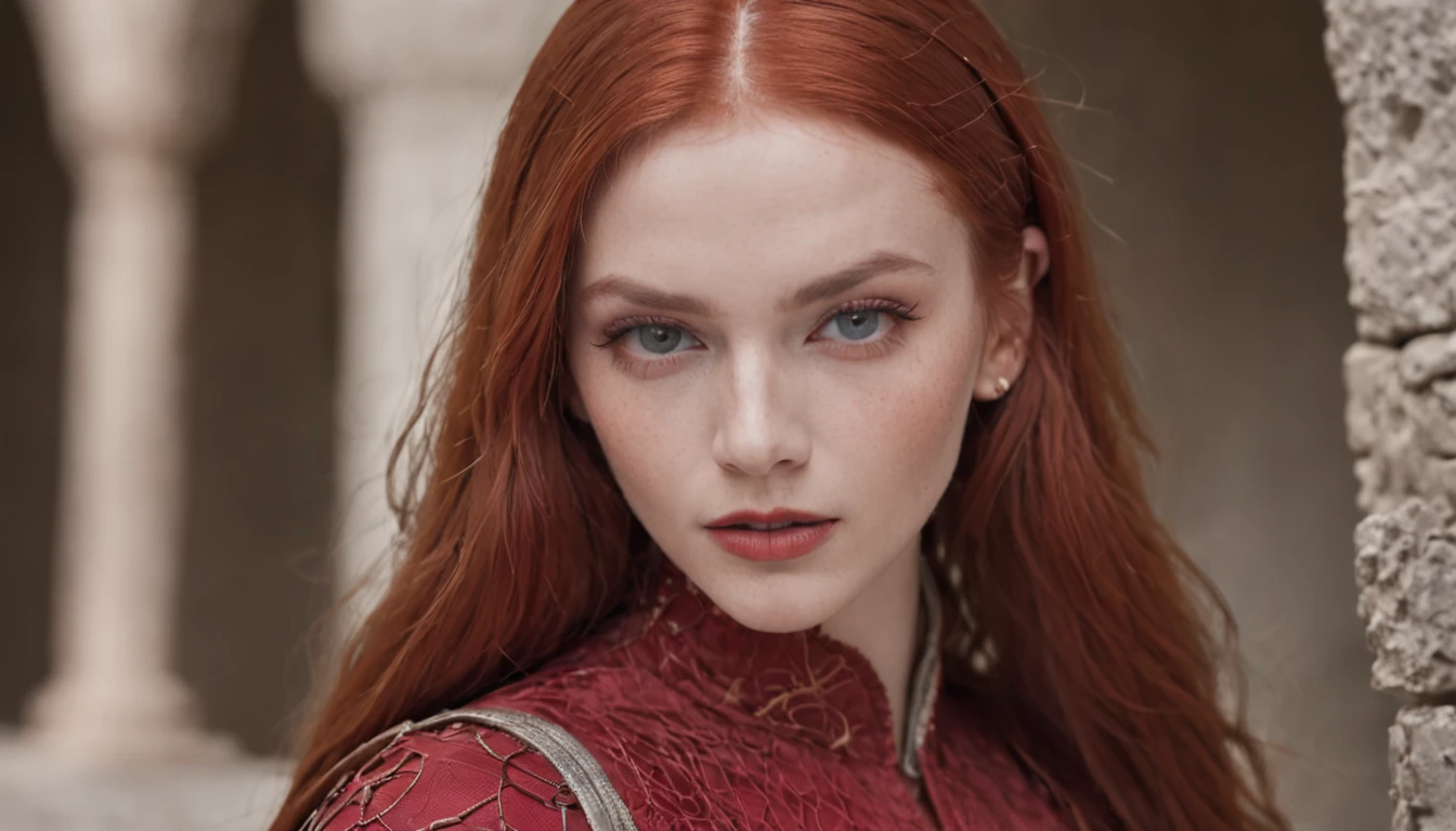 handsome girl, pearlescent skin of the face and body, , long bright red hair, Minimalist armor, Bright make-up, womanly , A clear day, The ruins of an ancient castle, in the frame to the waist