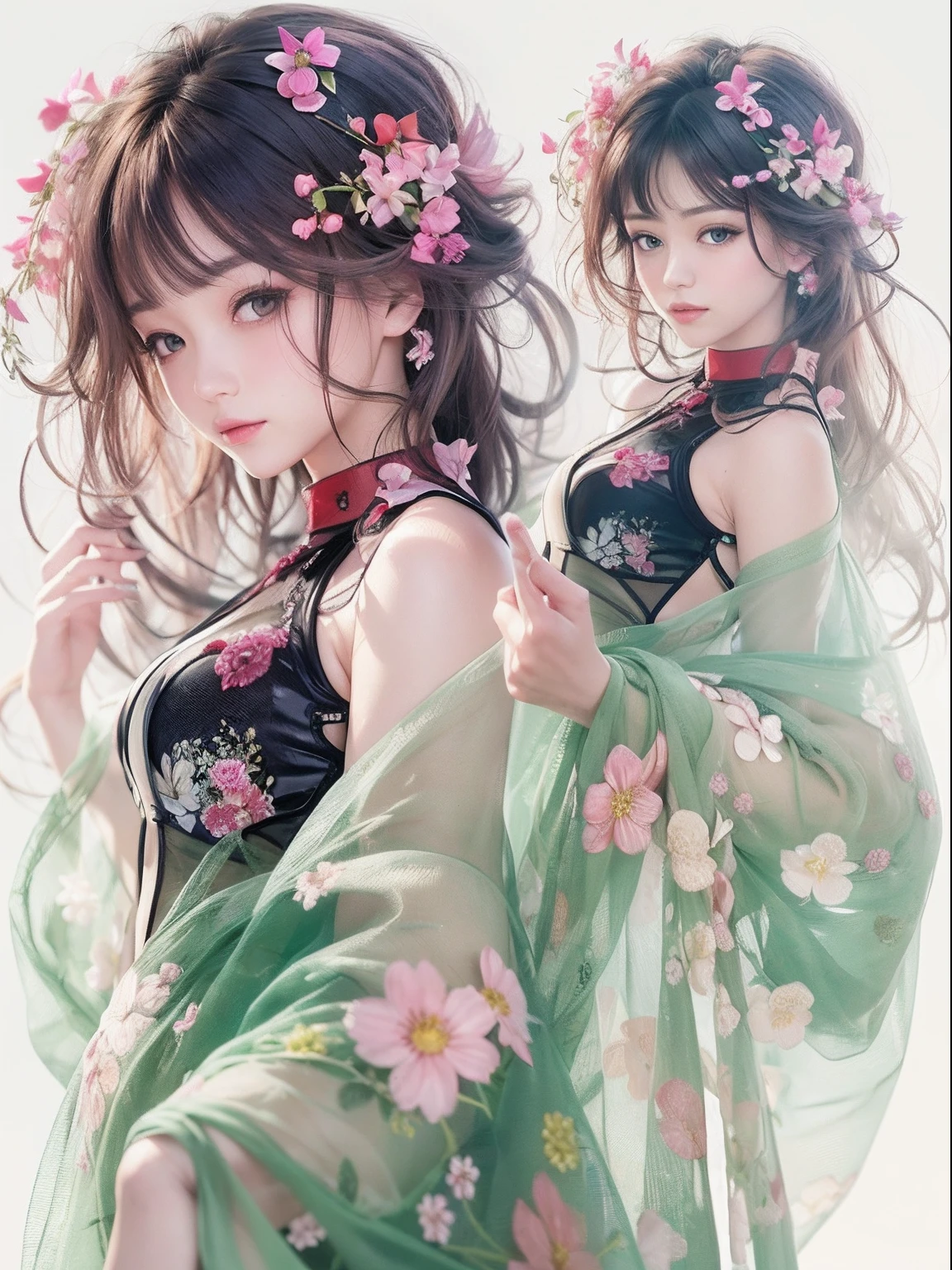 loose outfit、Show shoulders、How to wear a gown with a broken see-through halter neck、Decorated with intricate patterns and bright colors、Transparent material that makes the skin shine、Artistic depiction of seductive woman in gown with wet thin cloth and transparent skin, Floral and fantastic pattern with flowing silky traditional see-through skin。Her dress draped elegantly around her curvaceous figure、Emphasizes her charming silhouette。She's a gentle fireworks night、Dynamic Posing、Sexy Posing、bathed in the soft glow of moonlight。The scene is、With a hint of mystery and sensuality、It exudes an ethereal dreamy atmosphere。The image style is、Incorporates a blend of watercolor and digital illustration techniques.、It makes you feel delicate beauty and charm。Soft moonlit lighting、Cast gentle highlights and shadows on her mesmerizing features。Dynamic Posing、Bold poses、The hand is somewhere、see -through、show through、A sexy、Wet hair、Wet、cherry trees、flower petals、cherryblossom、The cherry tree、Sakura blizzard、buried、Transparent skin、Wet clothes、Chest Pulling、Translucent clothes、On the water、
