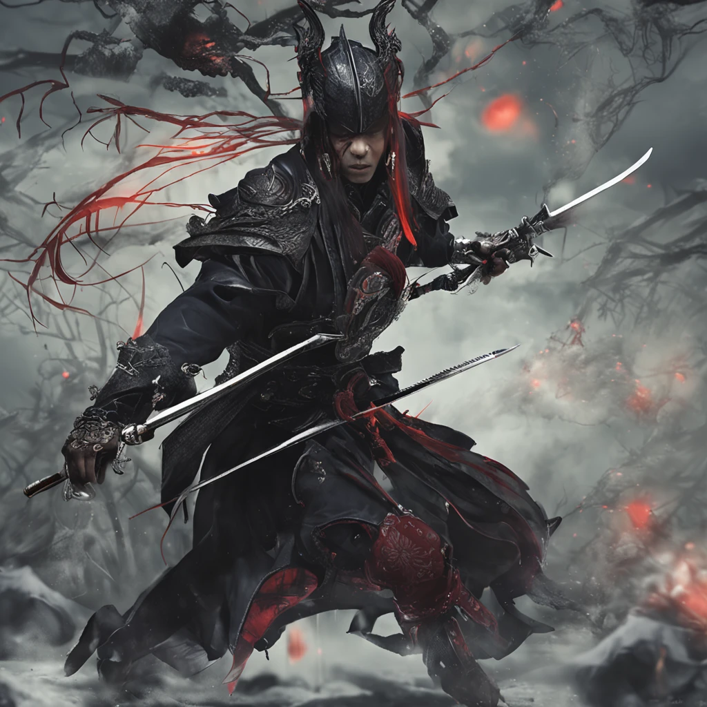 Best quality, Masterpiece, 超高分辨率, (photograph realistic:1.4), surrealism, Dream-like,fusionart, Shadowdancer, shadow magic, darkness control, stealth, shadowstep, umbral spells, hidden blade, Samurai vampire, human
