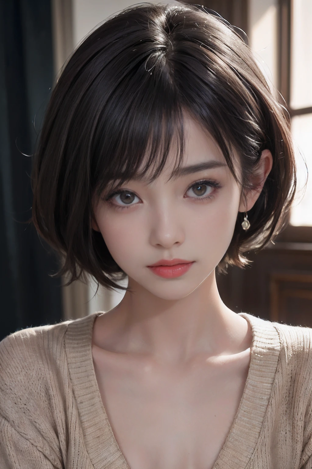 Masterpiece hyperrealist & Photorealistic beautiful girl, Realistic Skin (Pore-filled skin) Short Bob Cut Hair, Realistic red lips,Punk Girl, (head shot:1.5),Shorts