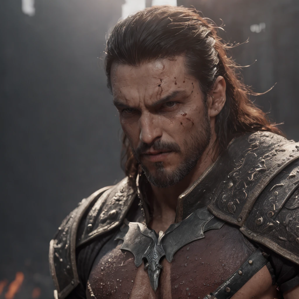 (professional 3d render:1.3) af (Realistic:1.3) most beautiful artwork photo in the world,Features soft and shiny male heroes, ((Epic hero fantasy muscle man rough wet hero angry looking long hair short beard and ferocious expression in dynamic pose, Fantastic location, Majestic cluttered environment)), Full body 8K unified rendering, action shot, skin pore, very dark lighting, heavyshading, Detailed, Detailed face, (vibrant, photograph realistic, Realistic, Dramatic, Dark, Sharp focus, 8K), (Old leather garments damaged by weathering:1.4), ((((Wear fur)))), (Intricate:1.4), decadent, (Highly detailed:1.4), Digital painting, rendering by octane, art stations, concept-art, smooth, Sharp focus, illustration, Art germ, (loish:0.23), wlop ilya kuvshinov, and greg rutkowski and alphonse mucha gracias, (Global illumination, Studio light, volumettic light), heavy rain, particles floating, lotr, fantasy, elf, full bodyesbian, ((Dark and ancient city background:1.3)),CGSesociety,art stations