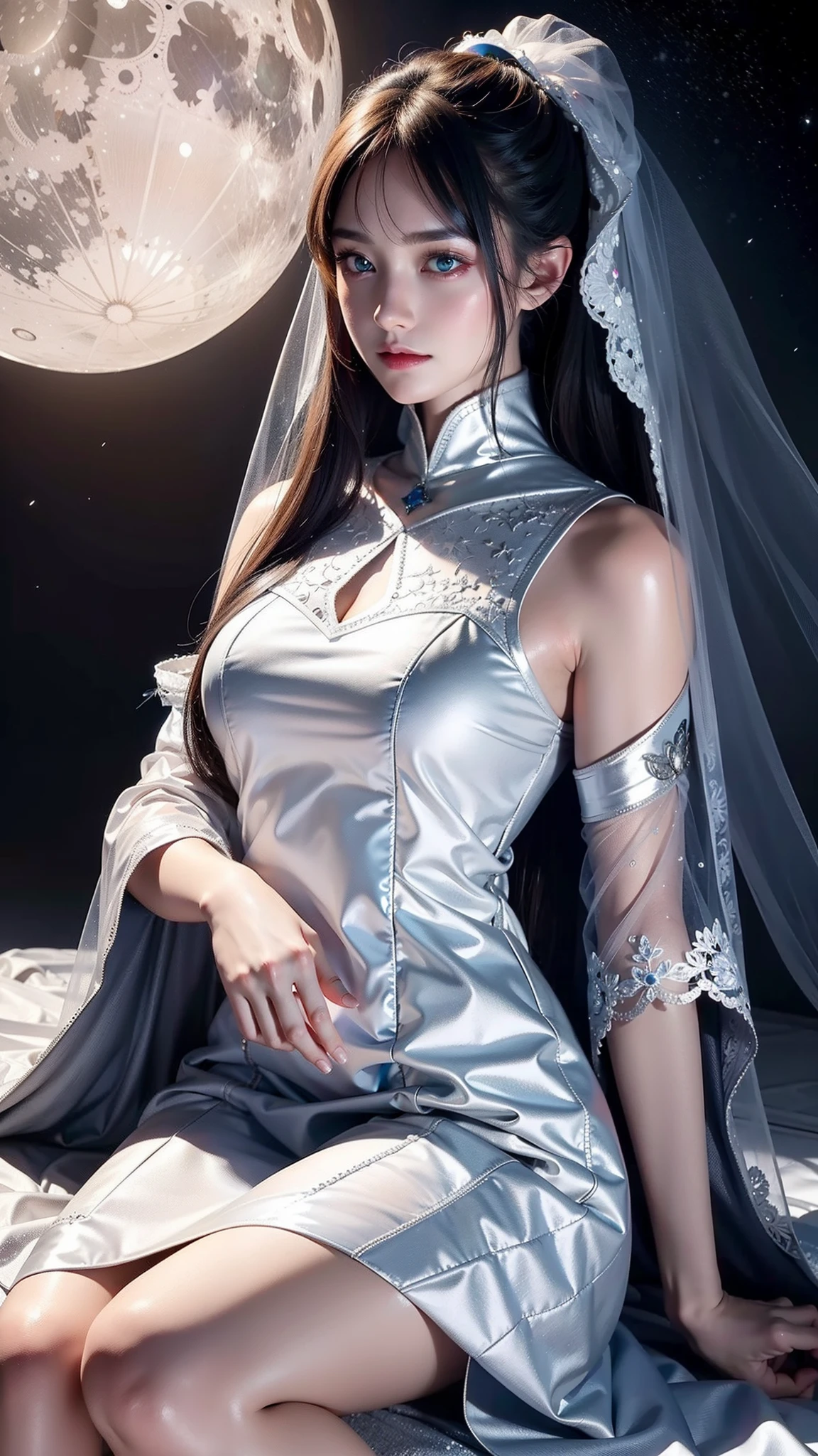 **Prompt:** Create an ultra-realistic 8K resolution image of Tsukuyomi, the Japanese moon god from Shinto mythology, reimagined as the ultimate magical girl while retaining the deity's iconic features. Tsukuyomi is depicted as a radiant magical girl with long, flowing silver hair that sparkles with a celestial glow. Her eyes are luminous, reflecting the light of the moon, and they hold a mysterious yet enchanting allure.

She is dressed in an elaborate magical girl outfit that blends traditional Japanese elements with modern magical girl aesthetics. The outfit features a flowing, moonlit silver dress with intricate designs resembling the phases of the moon, adorned with delicate ribbons and lace. Her waist is cinched with a silver belt that has a crescent moon buckle, and her sleeves are puffy, adding a touch of cuteness to her divine appearance.

Her accessories include a magical staff topped with a glowing crescent moon, which she wields gracefully. A tiara with a moonstone gem rests on her head, symbolizing her connection to the lunar deity. Her boots are knee-high, sleek, and silver, with crescent moon accents on the sides.

The background showcases a mystical night sky filled with stars and galaxies, with the full moon shining brightly above her. Sparkling dust and magical symbols float around her as she strikes a powerful yet elegant pose, ready to harness the moon’s magic to protect the world. The scene captures the essence of Tsukuyomi’s divine power transformed into an irresistible and majestic magical girl form.