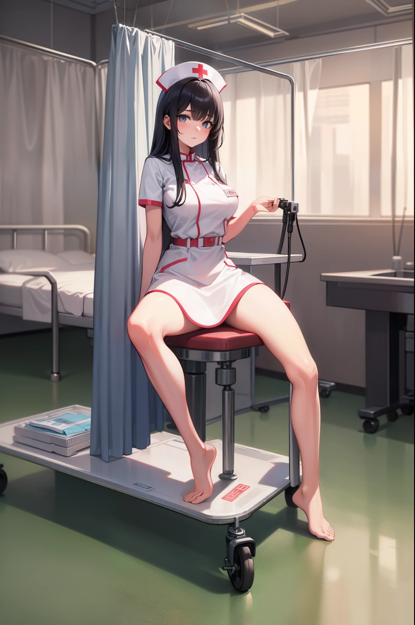 infirmary, curtains, 1girl, nurse, white dress,, masterpiece, best quality, highly detailed