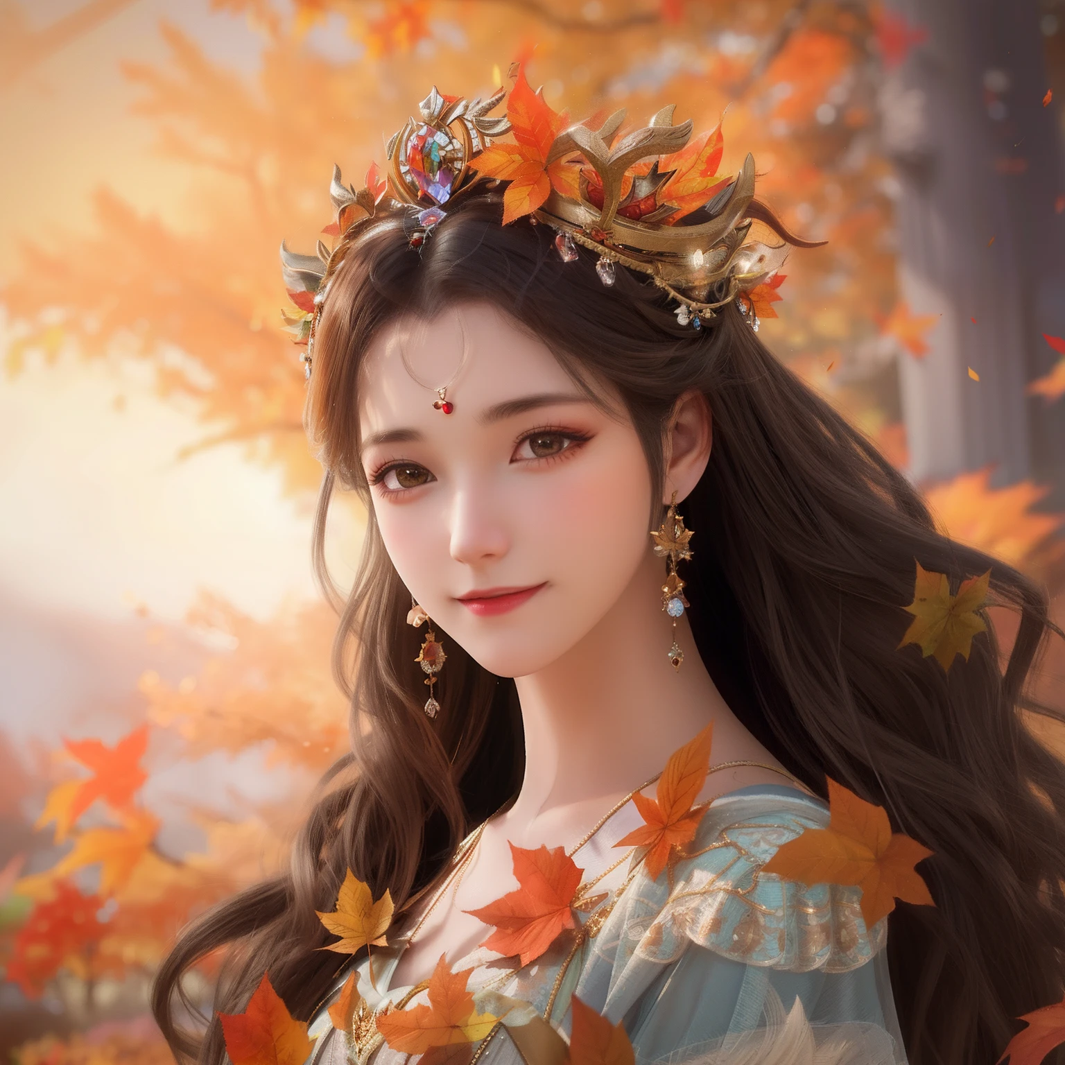 a close up of a woman with long hair wearing a crown, autumnal empress, goddess of autumn, beautiful autumn spirit, lovely dark autumn princess, the goddess of autumn harvest, a beautiful fantasy empress, beautiful fantasy art portrait, Beautiful digital artwork, beautiful gorgeous digital art, beautiful digital art, beautiful fantasy portrait, beautiful fantasy maiden, Very Beautiful Digital Art, beautiful fantasy art,HD Simulator