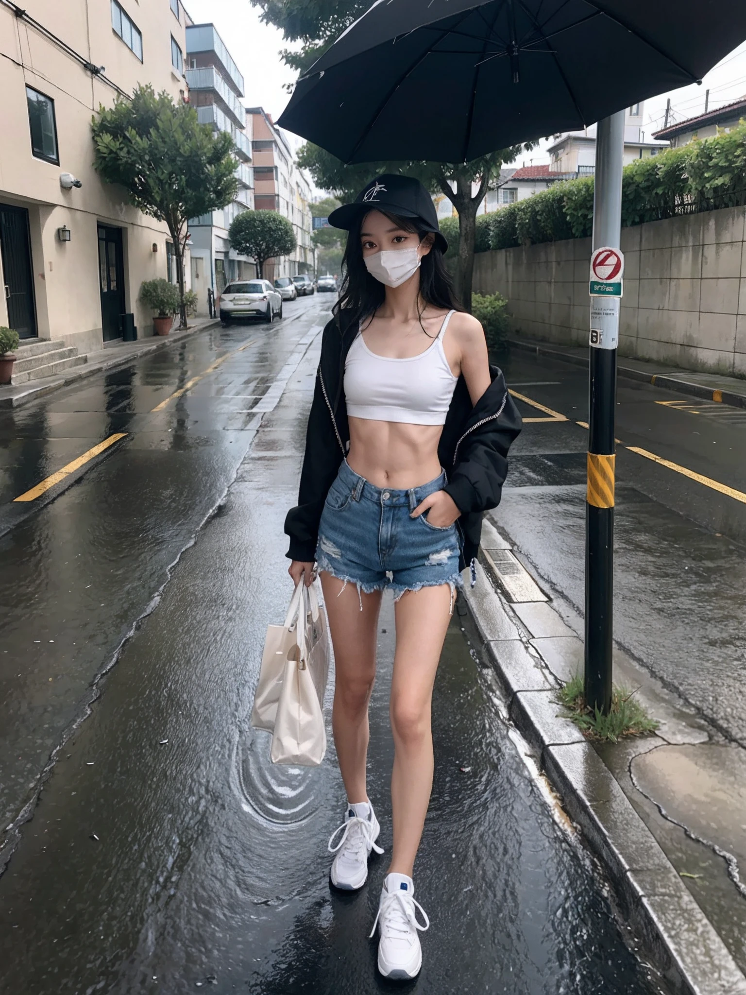 ((smallunderboob,Tomboyish,small heads)), (Well-defined abs: 1.1), (perfect bodies: 1.1), (short-length straighthair: 1.2), Black hair, upper body photos, attractive collarbone，nabel，（极其细致的CG 8k壁纸），（Extremely refined and beautiful），（tmasterpiece），（best qualtiy：1.0），（超高分辨率：1.0），beautiful light up，Perfect lightning，realistic shaded，[A high resolution]，Smooth and flawless fair skin，ultra - detailed ，Elongated legs，flatchest，Slim，emaciated，Wears a black fisherman's hat，black facemask，Black sheer tulle hooded sweatshirt，Denim shorts，White sneakers，夏天，eventide，with intense rain，A sea of people，at the doorstep of a school，Outside the walls，are standing，outside，Tree-lined roadsides，Carrying a lady's bag，