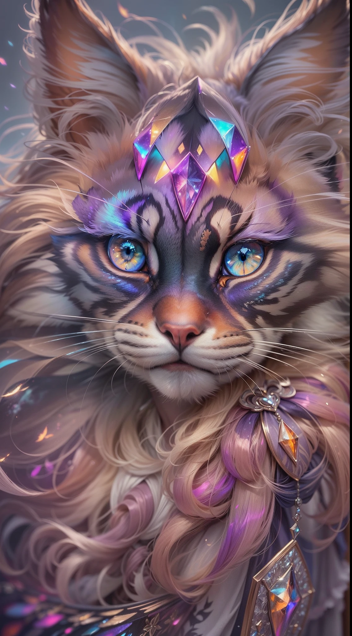 ((ultra-detailed)), (highly detailed CG illustration), ((an extremely delicate and beautiful russet maincoon)), cinematic light, The art piece should contain elements of both mythic fantasy  with colorful accents. ((Utilize various shades of purple and watercolor pastels as the main color scheme.)) The maincoon in the artwork is a fluffy with an aura of mystery and magic, mesmerizing eyes with vibrant colors and bold shading. The fur of maincoon  should be designed with gossamer feathers, silk, stunning embroidery, and subtle iridescent details. Incorporate dreamy colors, dynamic lighting, and detailed background elements to create a sense of awe and immersion. Include magical aura. Consider, (((masterpiece))), (((best quality)))