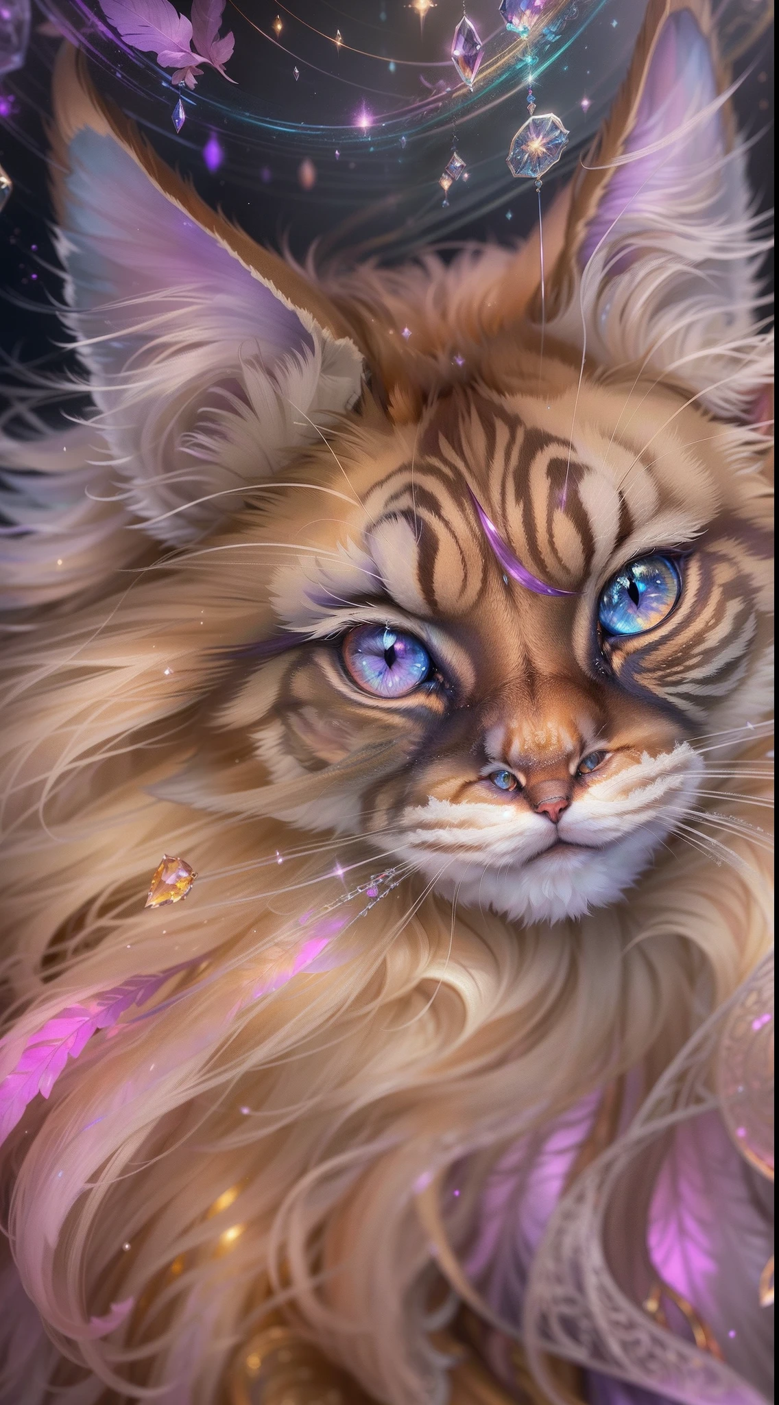 ((ultra-detailed)), (highly detailed CG illustration), ((an extremely delicate and beautiful russet maincoon)), cinematic light, The art piece should contain elements of both mythic fantasy with colorful accents. ((Utilize various shades of purple and watercolor pastels as the main color scheme.)) The maincoon in the artwork is a fluffy with an aura of mystery and magic, mesmerizing eyes with vibrant colors and bold shading. The fur of maincoon should be designed with gossamer feathers, silk, stunning embroidery, and subtle iridescent details. Incorporate dreamy colors, dynamic lighting, and detailed background elements to create a sense of awe and immersion. Include magical aura. Consider, (((masterpiece))), (((best quality)))