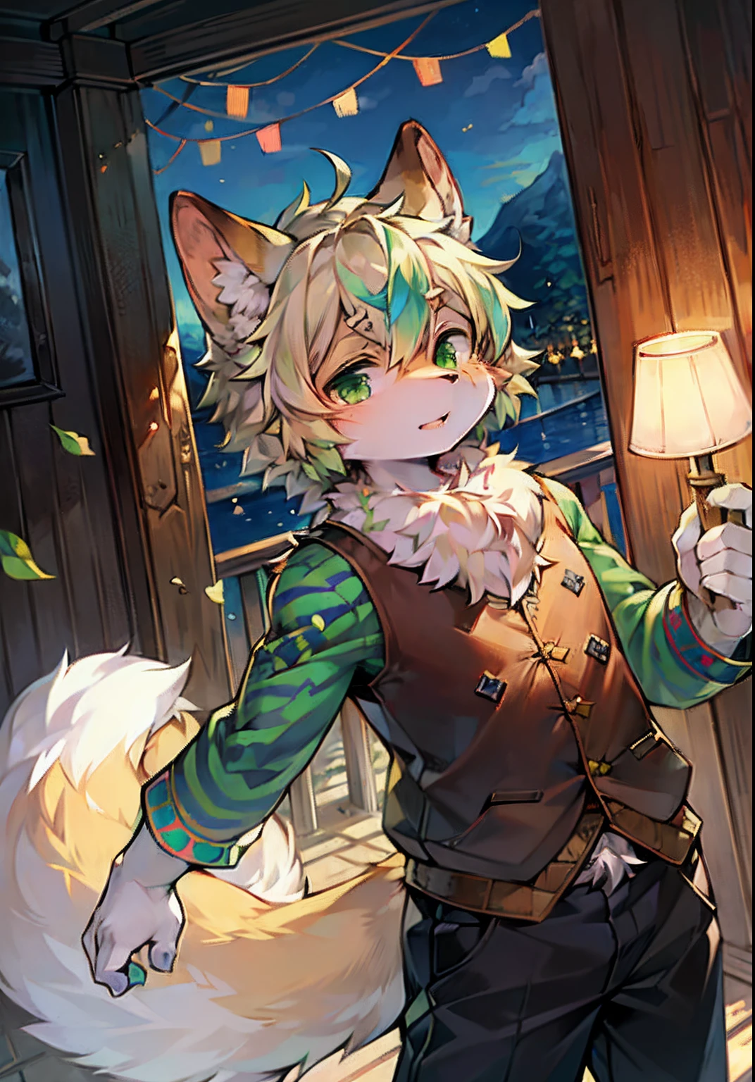 Masterpiece,High quality,abstract res,Digital painting\(artwork of a\), author：BrukkiGunar, Yupa,Kiyosan,(anthro,Fluffy fur,Character focus:1.1),anthro male cat,Portrait , Fine pattern,eyes with brightness, in a panoramic view, Character focus.(detailedbackground:0.7), 独奏, shaggy, shaggy male, Shota,younge boy,malefocus, male people,softness,Not fat,Strong anthrax(Full Body Furry, It has a fluffy tail，With a green pattern, White fur, Dark green eyes), (Long felines、Beige ears，Green pattern、Beige tail、It has a light green petal pattern on its body、Beige hair，The ends of the hair are green、 The tail has dark green dendritic stripes、There is a green scar-like stripe on the bridge of the nose），（External、clear skies）