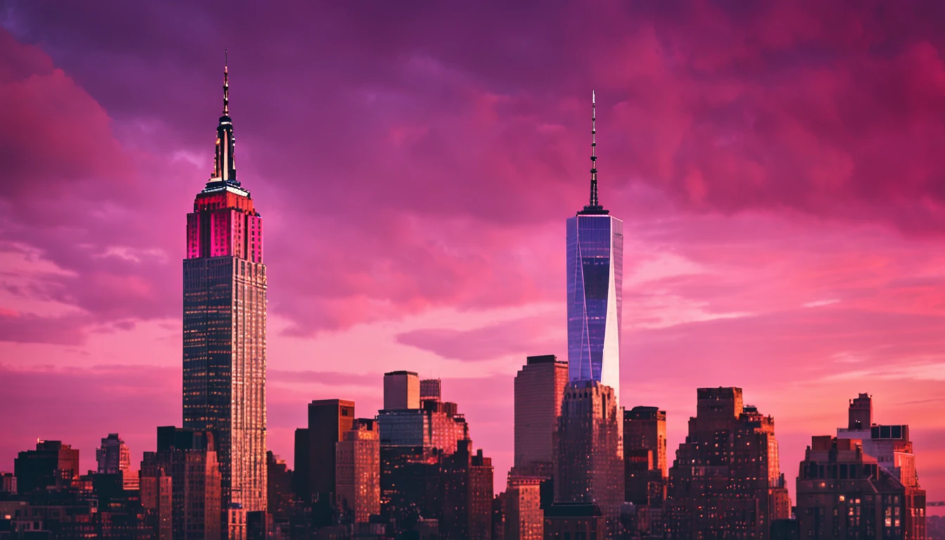 Sunset with pink and purple clouds in New York City,The Empire State Building is on the far right of the picture