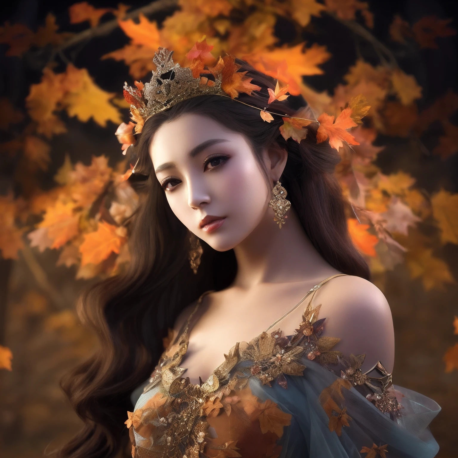 Arafard image of a woman wearing a crown and dress, autumnal empress, lovely dark autumn princess, a beautiful fantasy empress, goddess of autumn, beautiful and elegant elf queen, beautiful autumn spirit, ((a beautiful fantasy empress)), the goddess of autumn harvest, beautiful fantasy maiden, 3 D rendering character art 8 K, 3 D CG, 3D CG Delicate HD hair flying