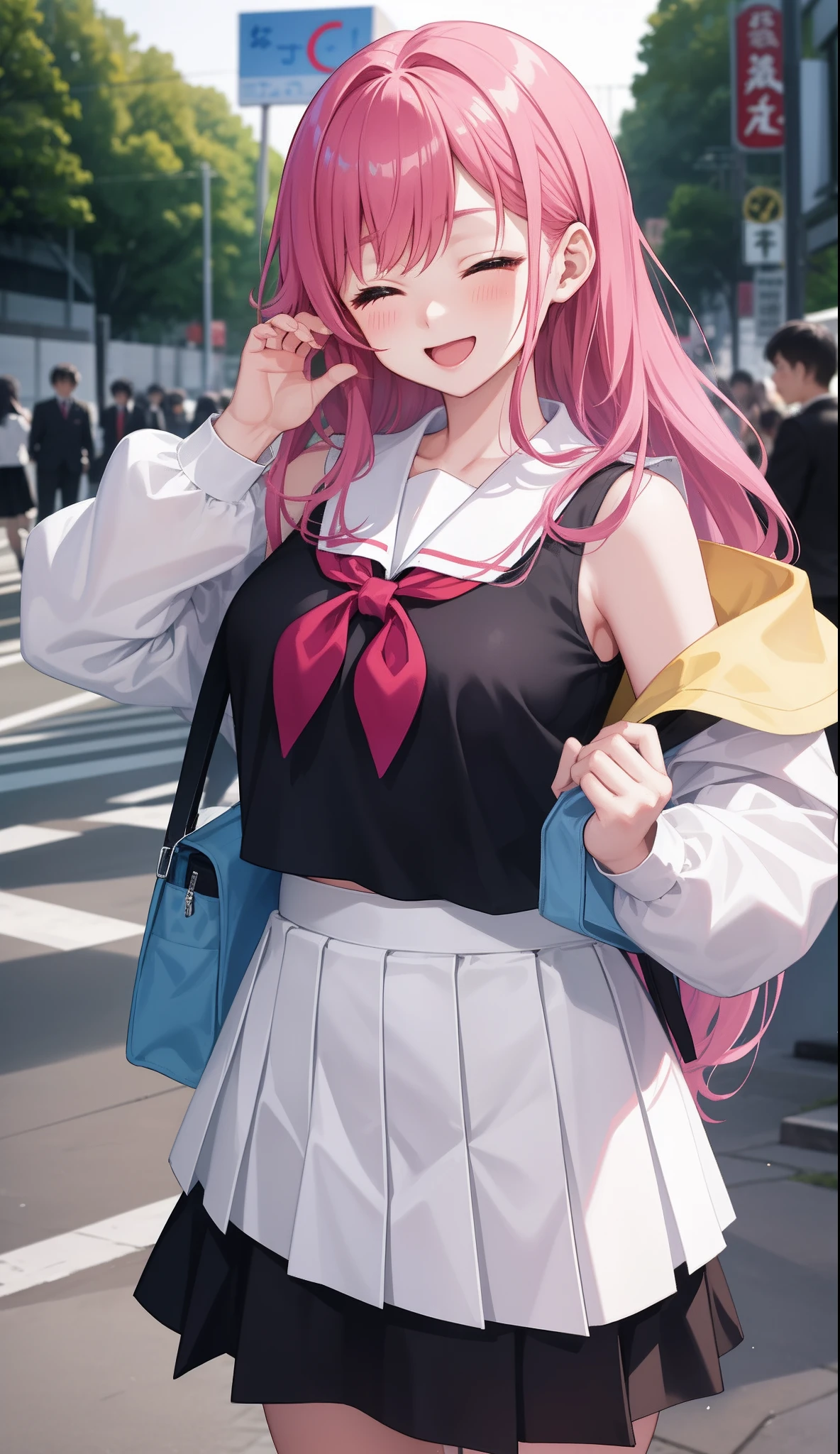 1girl in、AS-Adult、、glad、A delightful、eye closed、Laughing、The shirt、skirt by the、(small tits)Chilarism、Japan High School Student Uniform、serafuku、summer clothing、(Sheer Bra)、Upper body portrait、