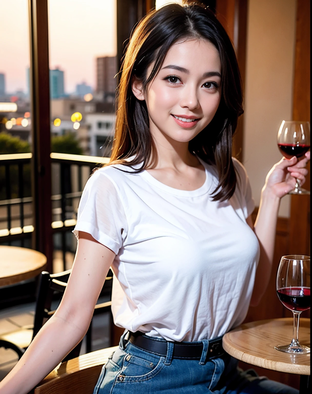 (64K, UHD, top quality, masterpiece: 1.2), (realistic, photorealistic: 1.37), super detailed, pretty woman 1 person, (slim face), (slim body), (brown hair), (short cut), cheeks slightly blushing, (44 years old), 38 years old, solo, beautiful detailed urban night view outside the window, restaurant, wine glasses sit, at night, in a prominent placeNovaFrogStyle, Actress, Model, Waist Up, White Wine, Slim, Wine Glass, Super Clean Night View, Wine Glass Put in the Middle, Happy Smile, (Smile: 1.15), Beautiful Fine Eyes, Upper Body, Bust Japan Up, Night, Short, Short, Actress, Model, Waist Up, White Wine, Slim, Wine Glass, Super Clean Night View, Wine Glass Put in the Middle, Happy Smile,