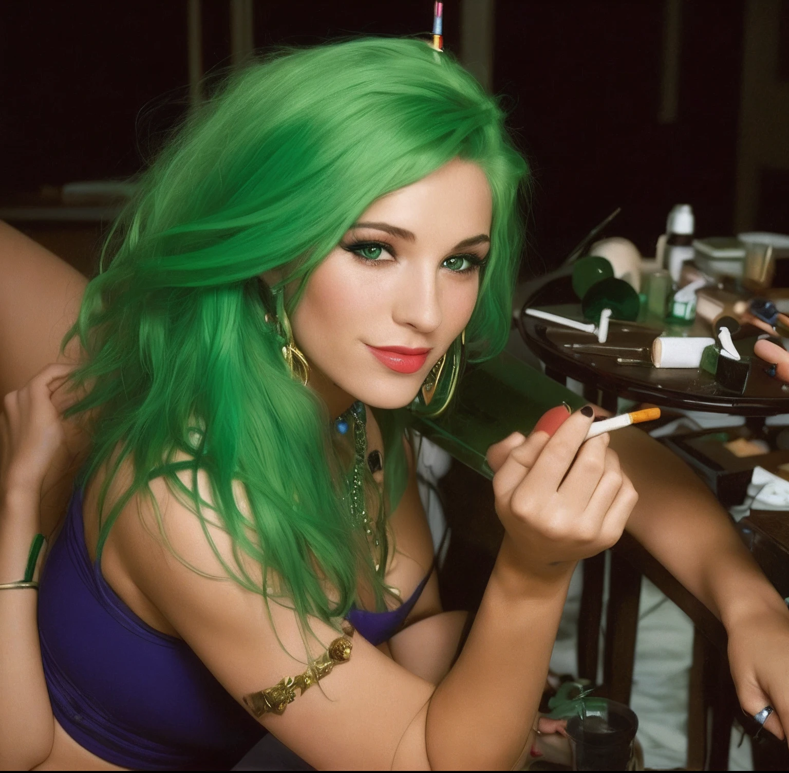there is a woman sitting at a table with a cigarette in her hand, green hair, naked, breasts showing, profile image, profile shot, glamour shot, with cigar, taken in the late 2000s, inspired by Nan Goldin, taken in the mid 2000s, 40 years old women, putting makeup on, looking partly to the left, profile pic, award winning seductive