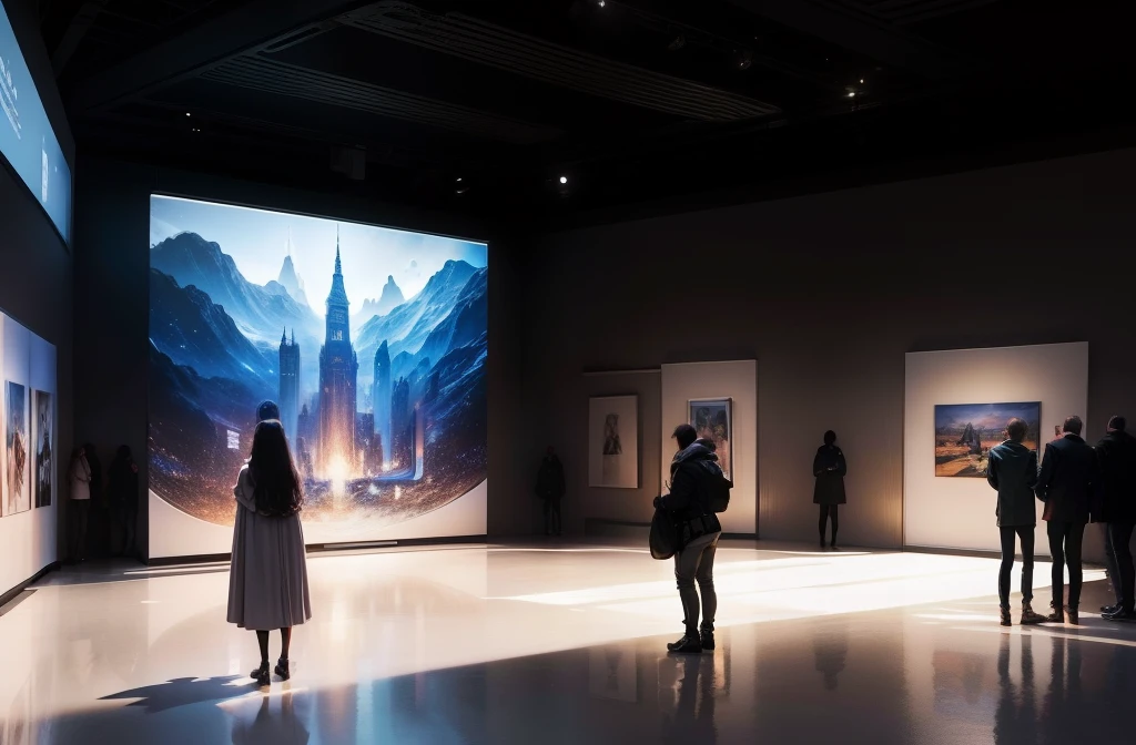 Exhibition in the small space hall of rectangular shape: People are watching an exhibition of paintings, People in futuristic costumes, 4k, tmasterpiece